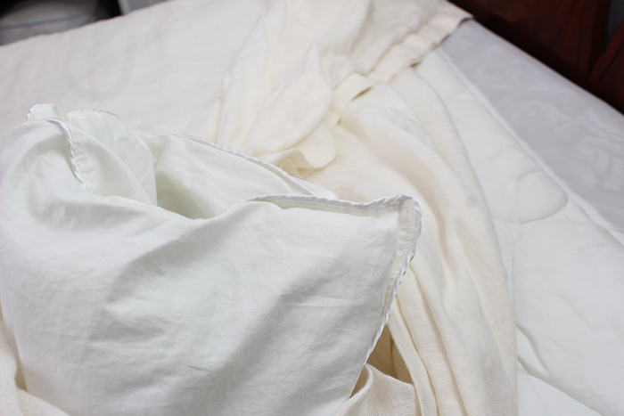 Mid Century Modern Stained Walnut Queen Size Bed Frame and Bedding