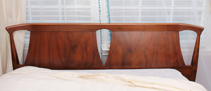 Mid Century Modern Stained Walnut Queen Size Bed Frame and Bedding