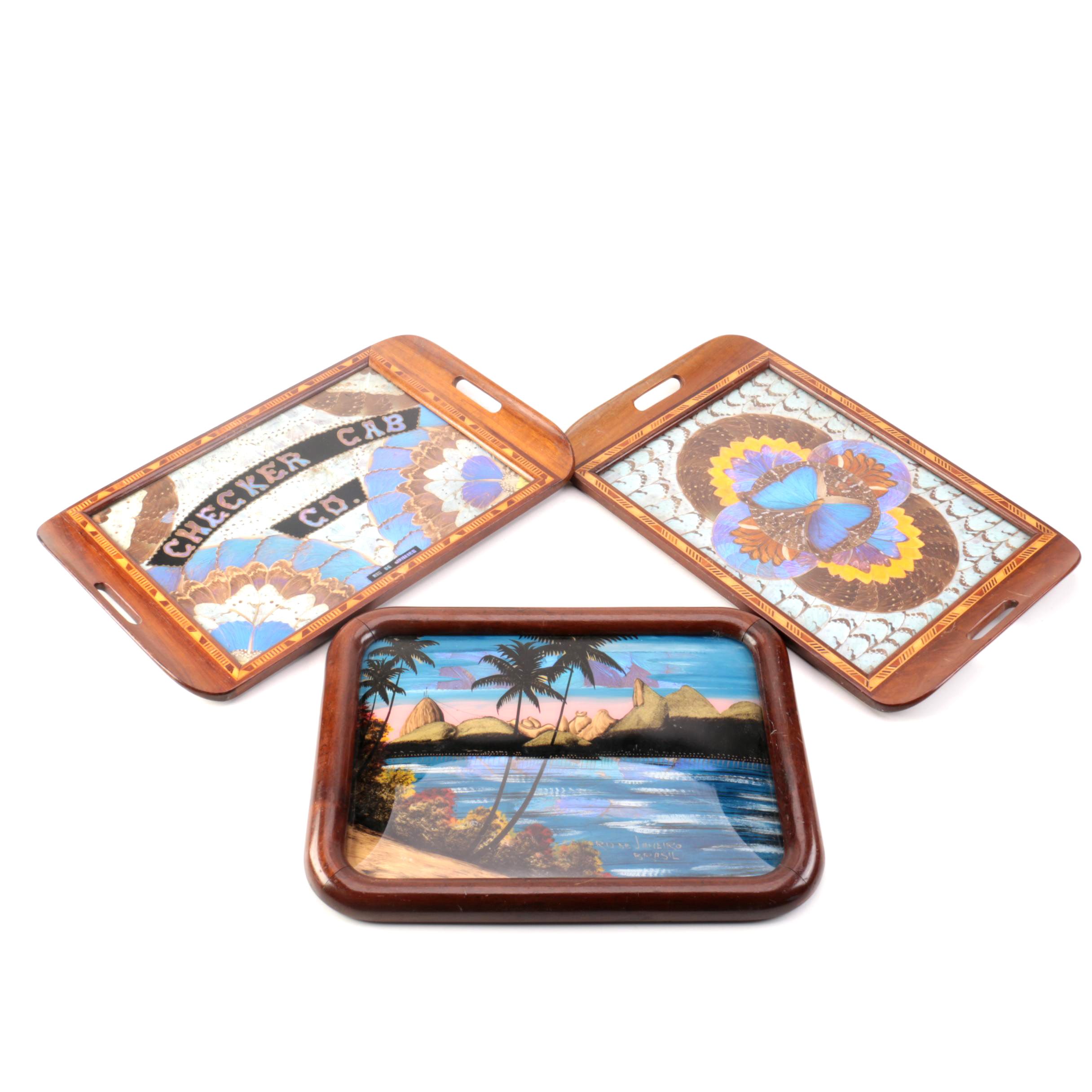Two Wood Framed Butterfly Wing Trays and Framed Art Piece