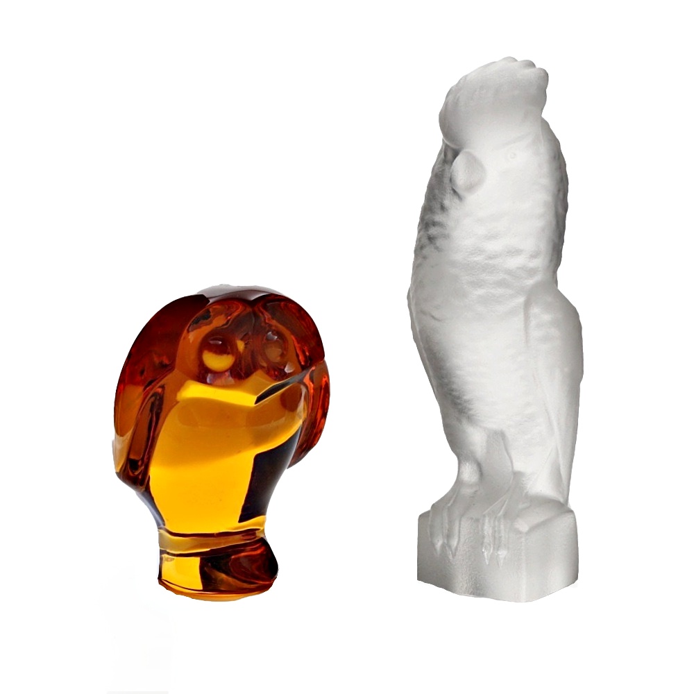 Baccarat Amber Crystal Owl and Frosted Crystal Hawk Figurines