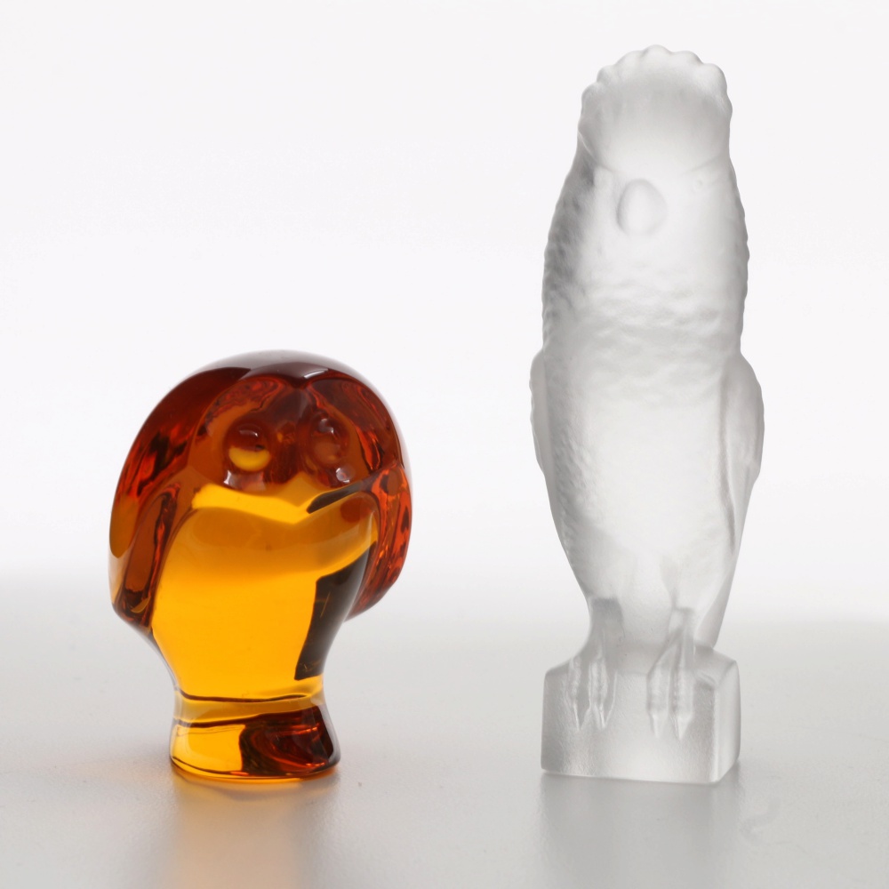 Baccarat Amber Crystal Owl and Frosted Crystal Hawk Figurines