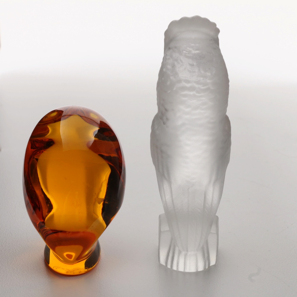 Baccarat Amber Crystal Owl and Frosted Crystal Hawk Figurines
