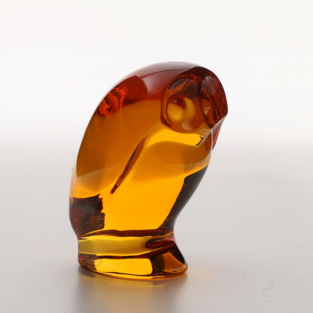Baccarat Amber Crystal Owl and Frosted Crystal Hawk Figurines