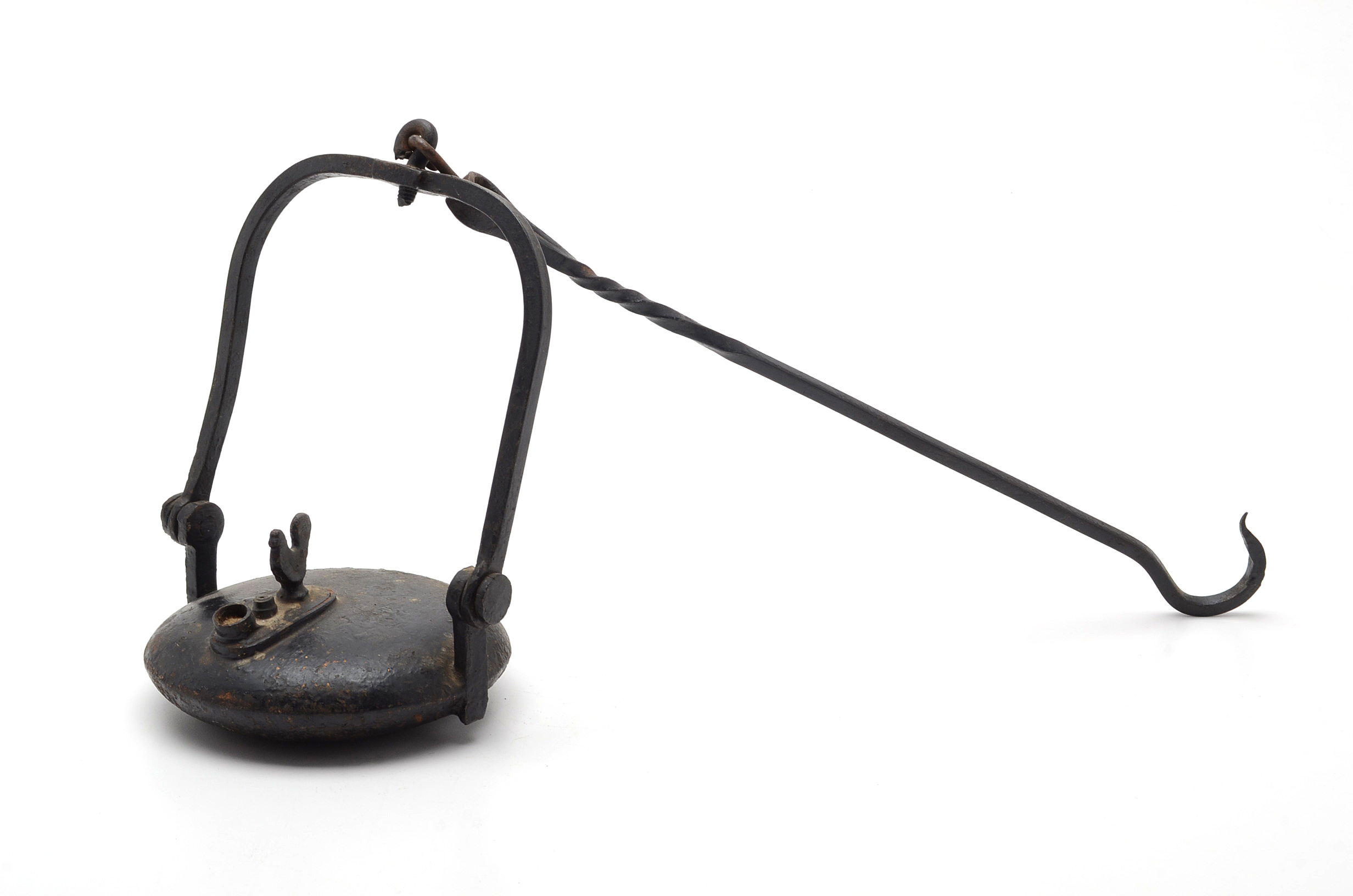 19th Century Wrought Iron Betty Lamp With Rooster Finial