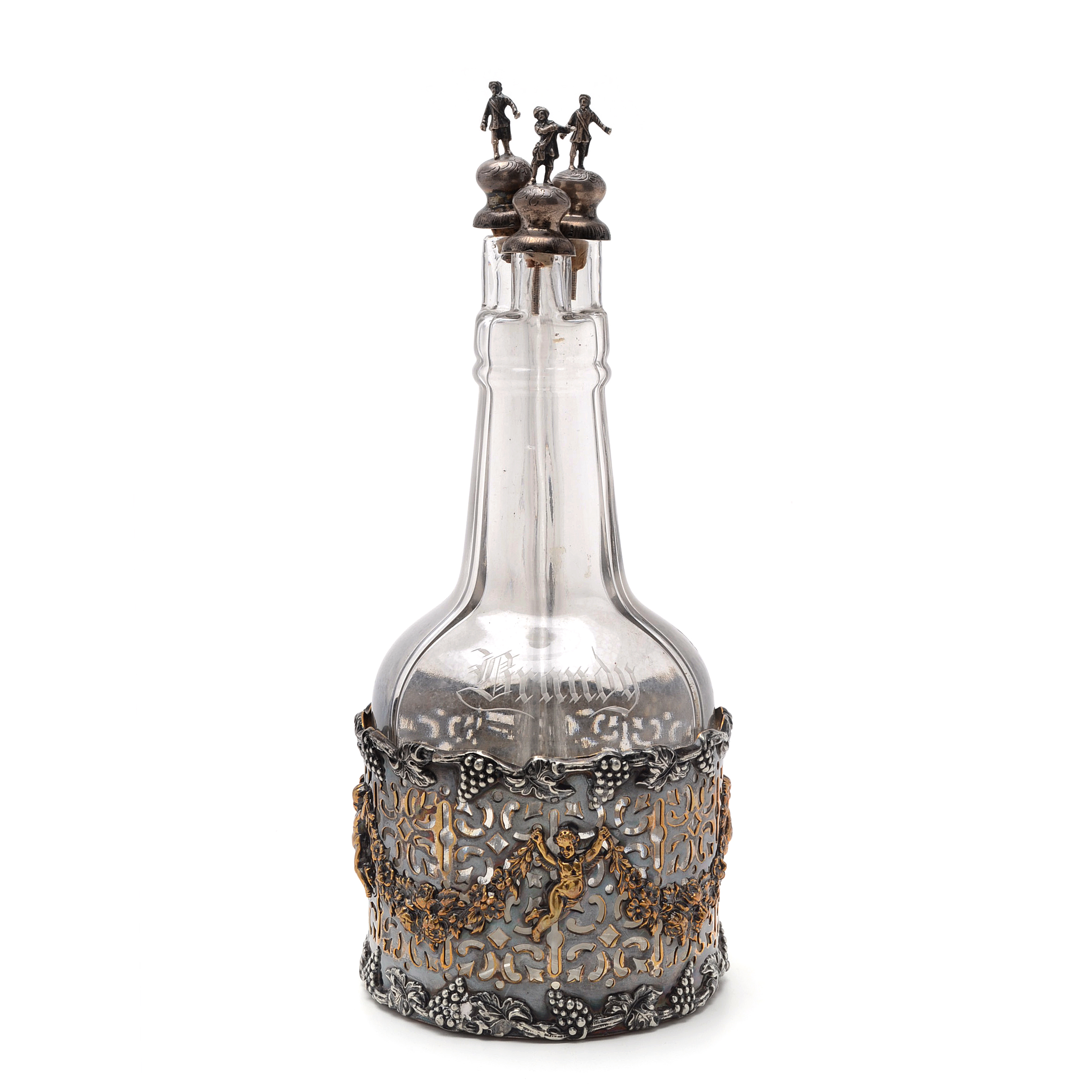 Vintage Renaissance Revival Style Etched Glass and Silver Plate Decanter Set