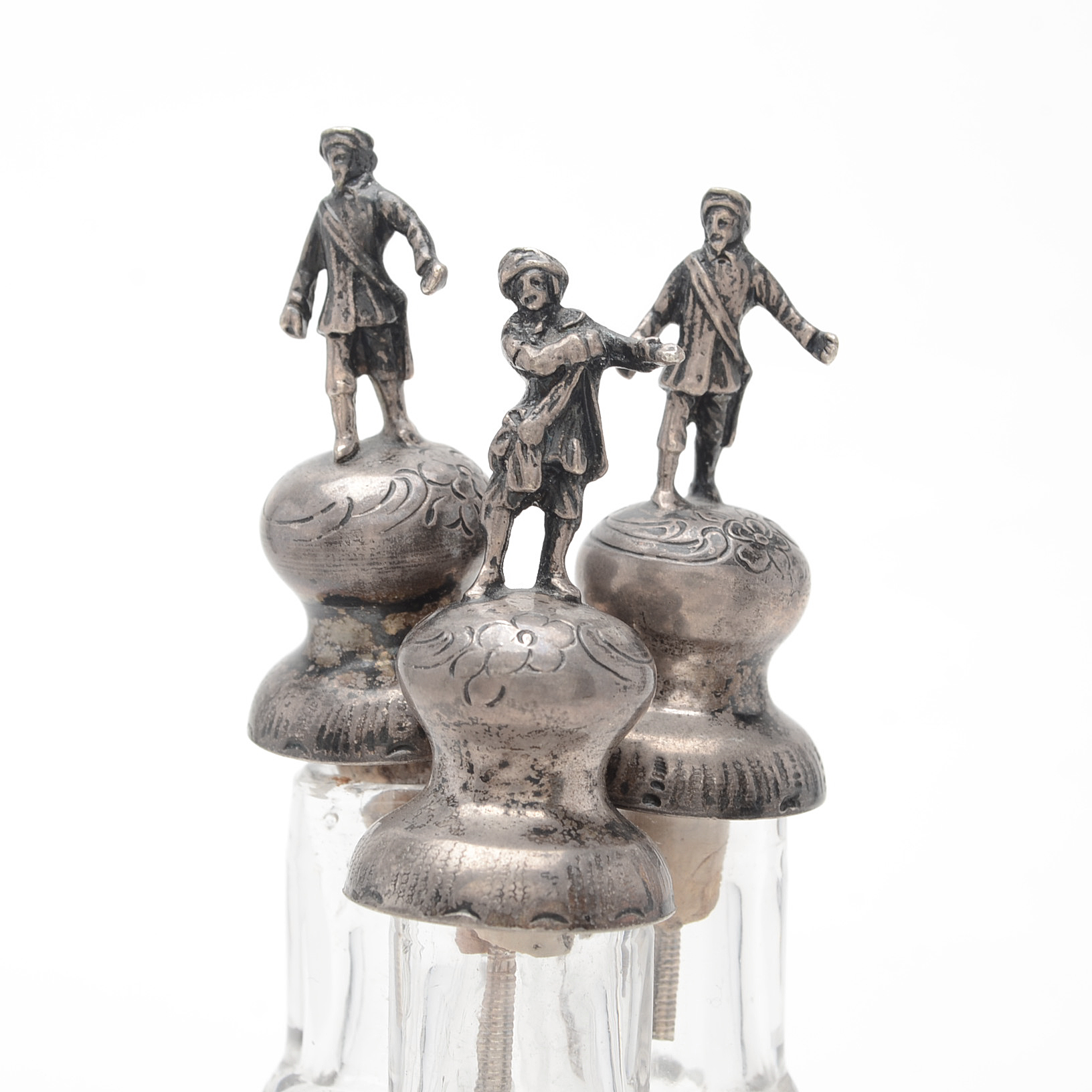 Vintage Renaissance Revival Style Etched Glass and Silver Plate Decanter Set