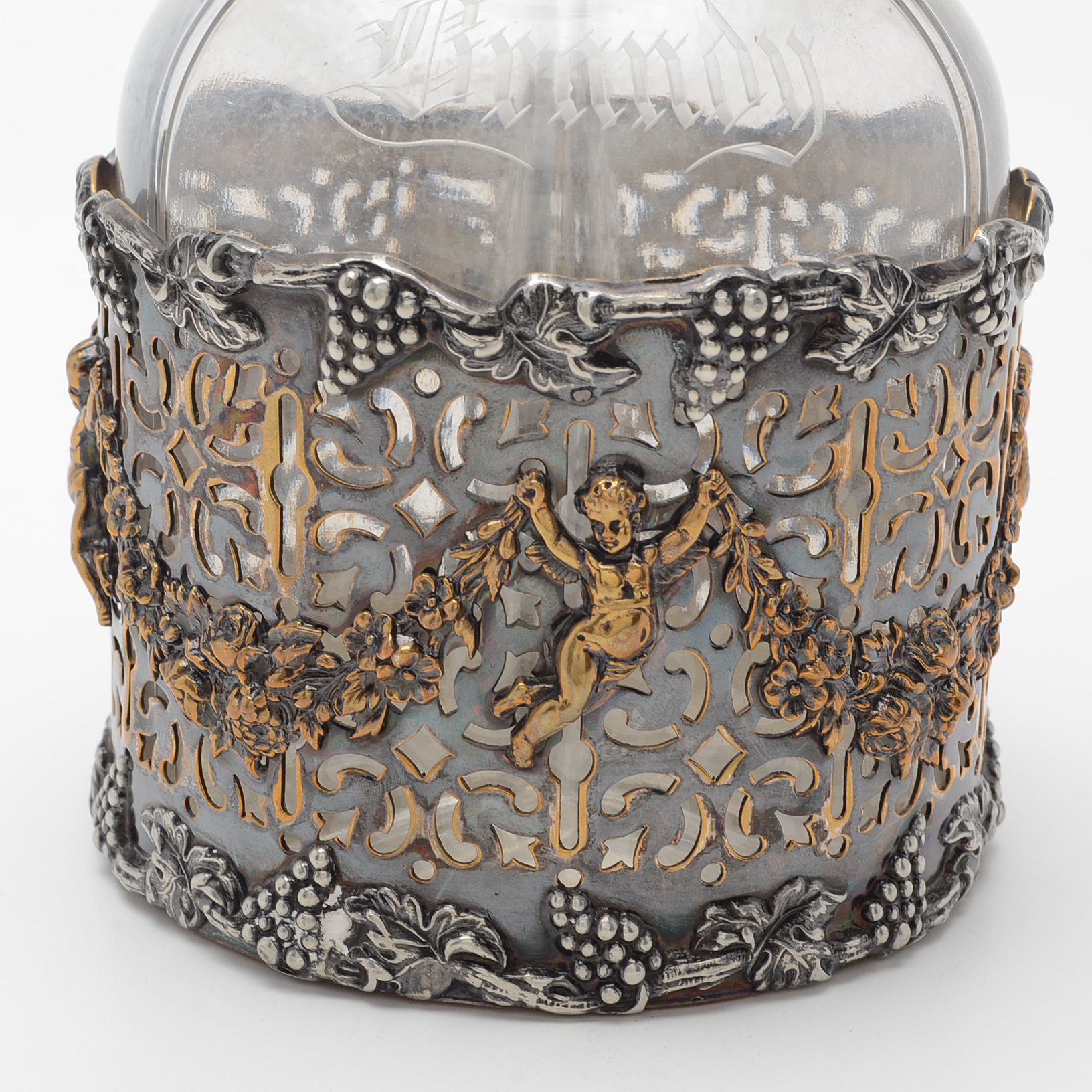 Vintage Renaissance Revival Style Etched Glass and Silver Plate Decanter Set