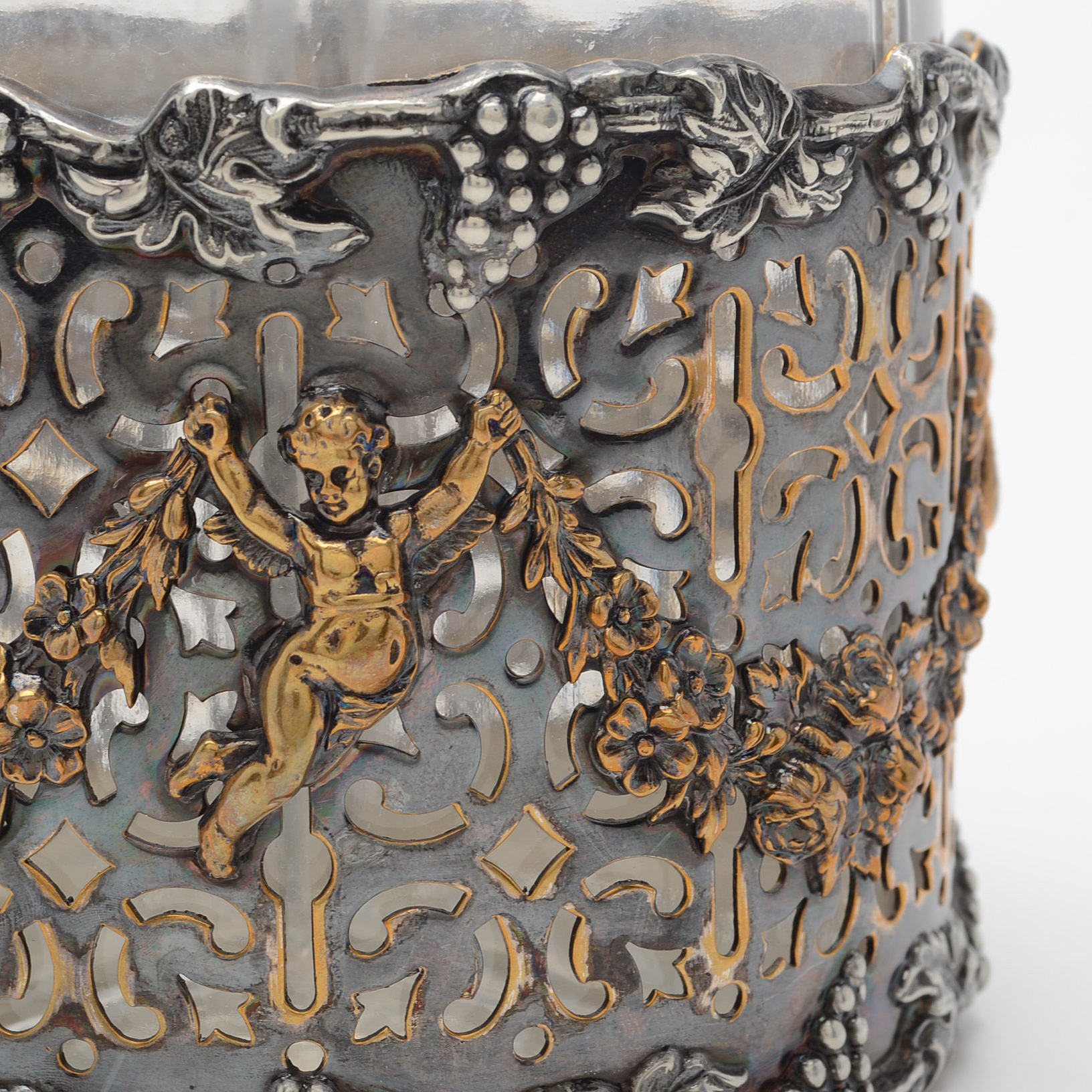 Vintage Renaissance Revival Style Etched Glass and Silver Plate Decanter Set