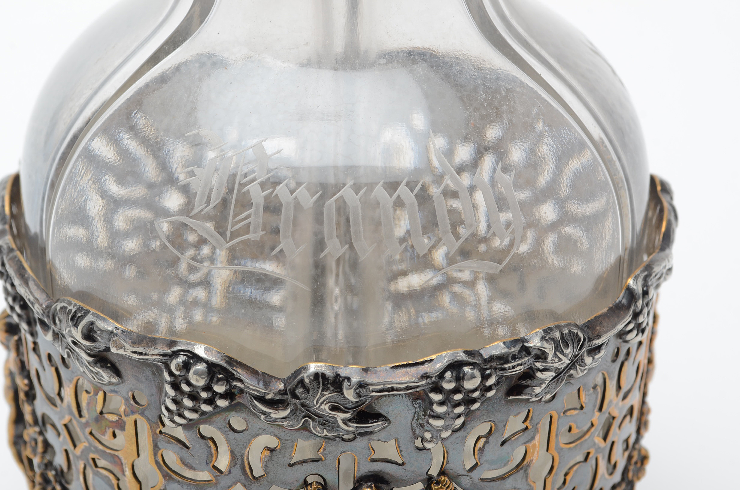 Vintage Renaissance Revival Style Etched Glass and Silver Plate Decanter Set