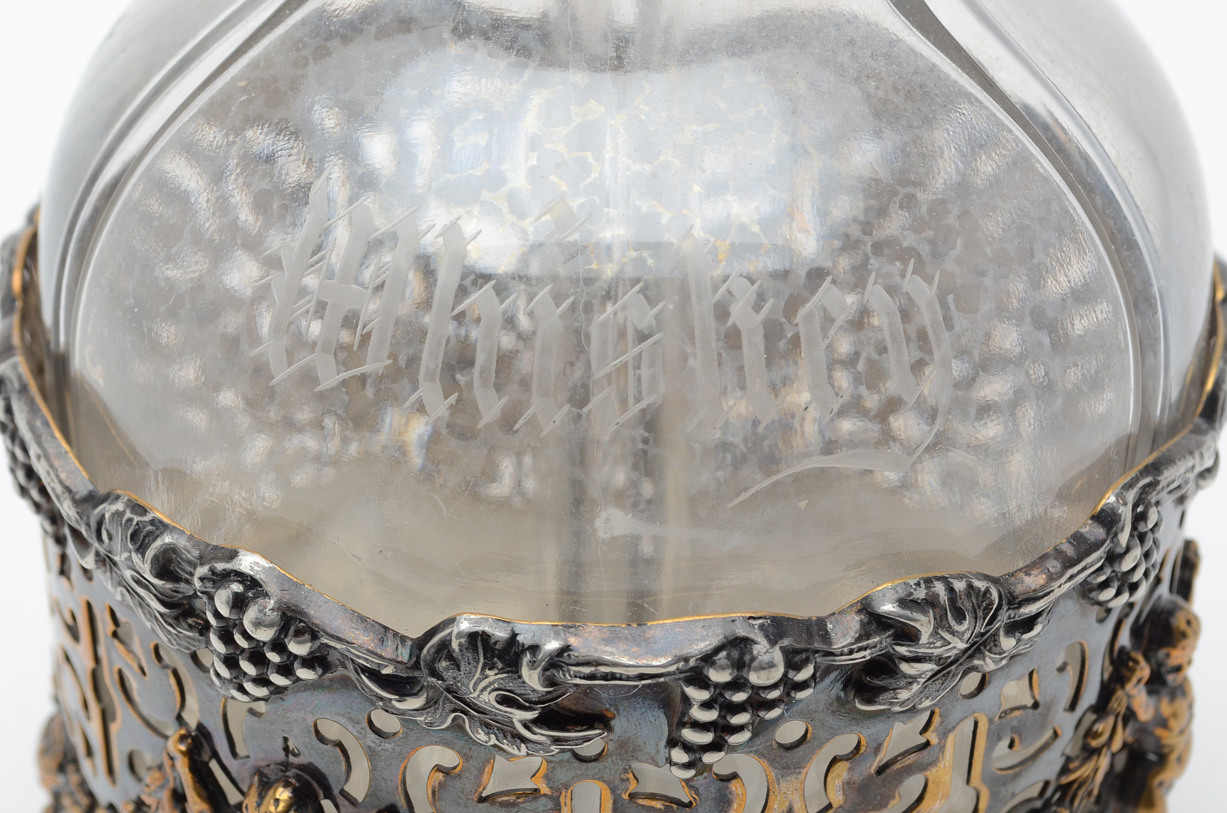 Vintage Renaissance Revival Style Etched Glass and Silver Plate Decanter Set