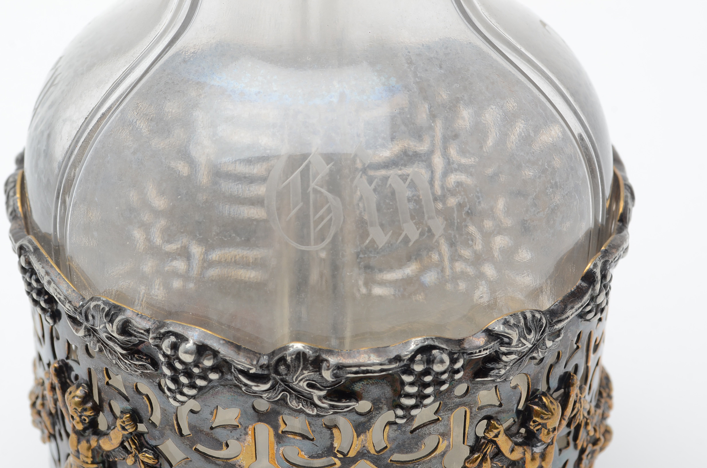 Vintage Renaissance Revival Style Etched Glass and Silver Plate Decanter Set