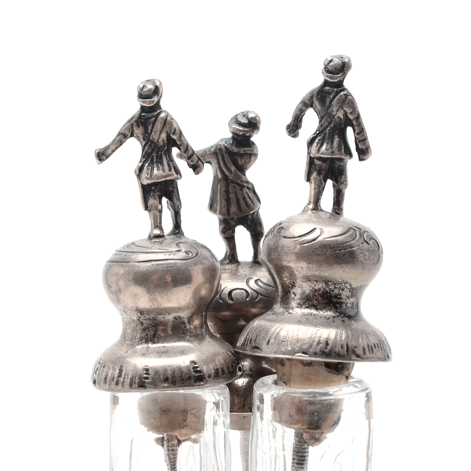 Vintage Renaissance Revival Style Etched Glass and Silver Plate Decanter Set