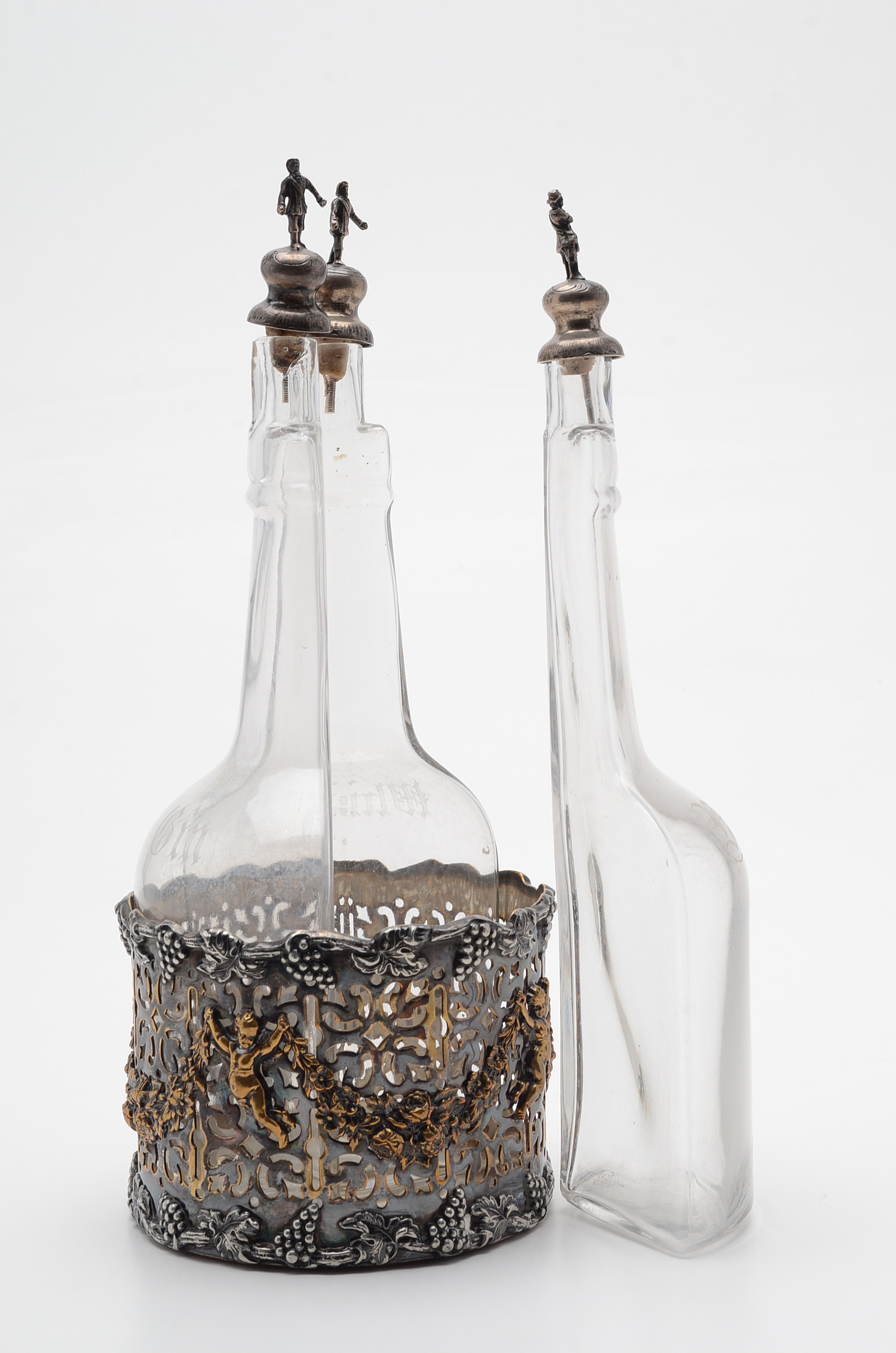 Vintage Renaissance Revival Style Etched Glass and Silver Plate Decanter Set