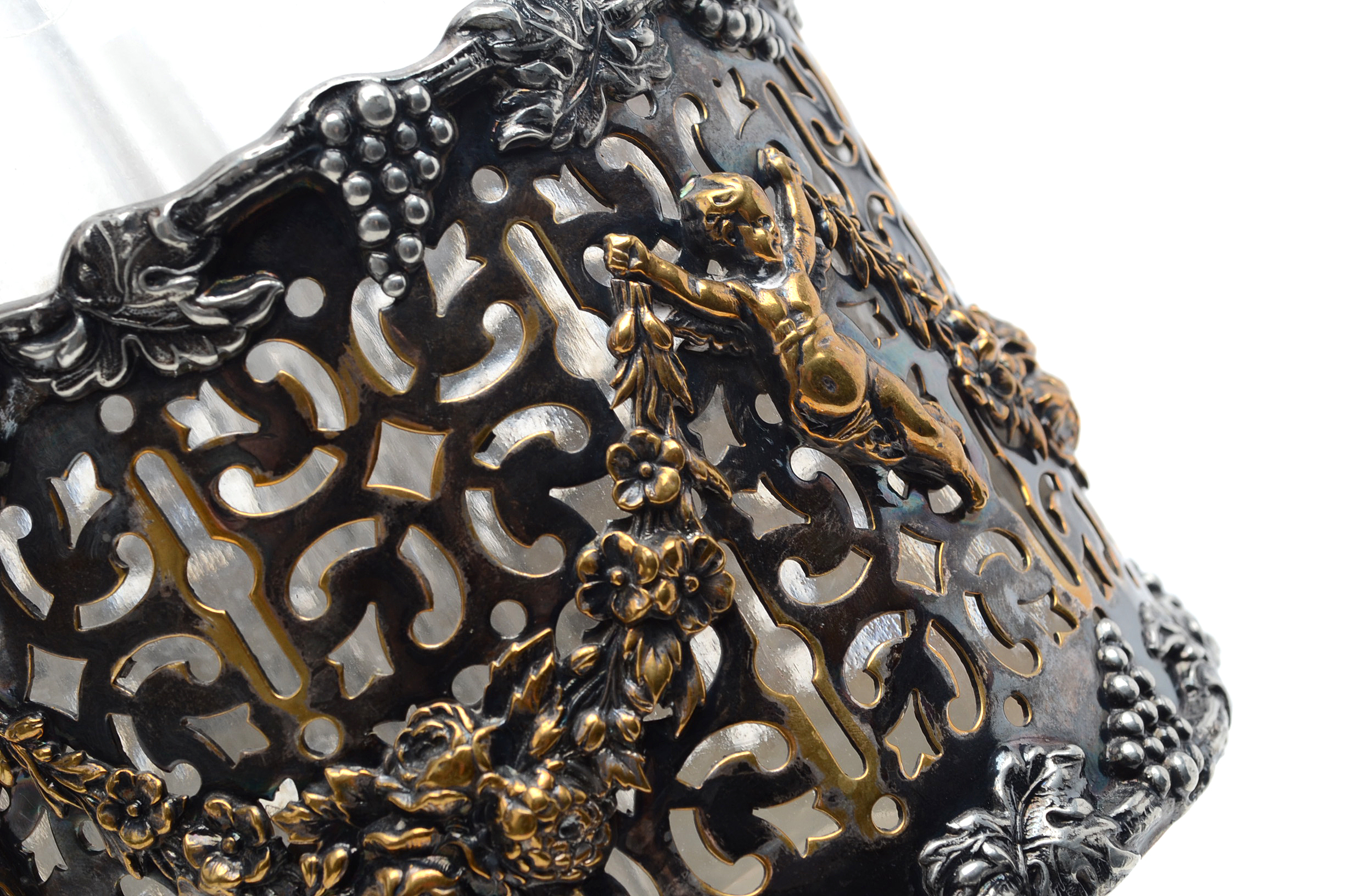 Vintage Renaissance Revival Style Etched Glass and Silver Plate Decanter Set