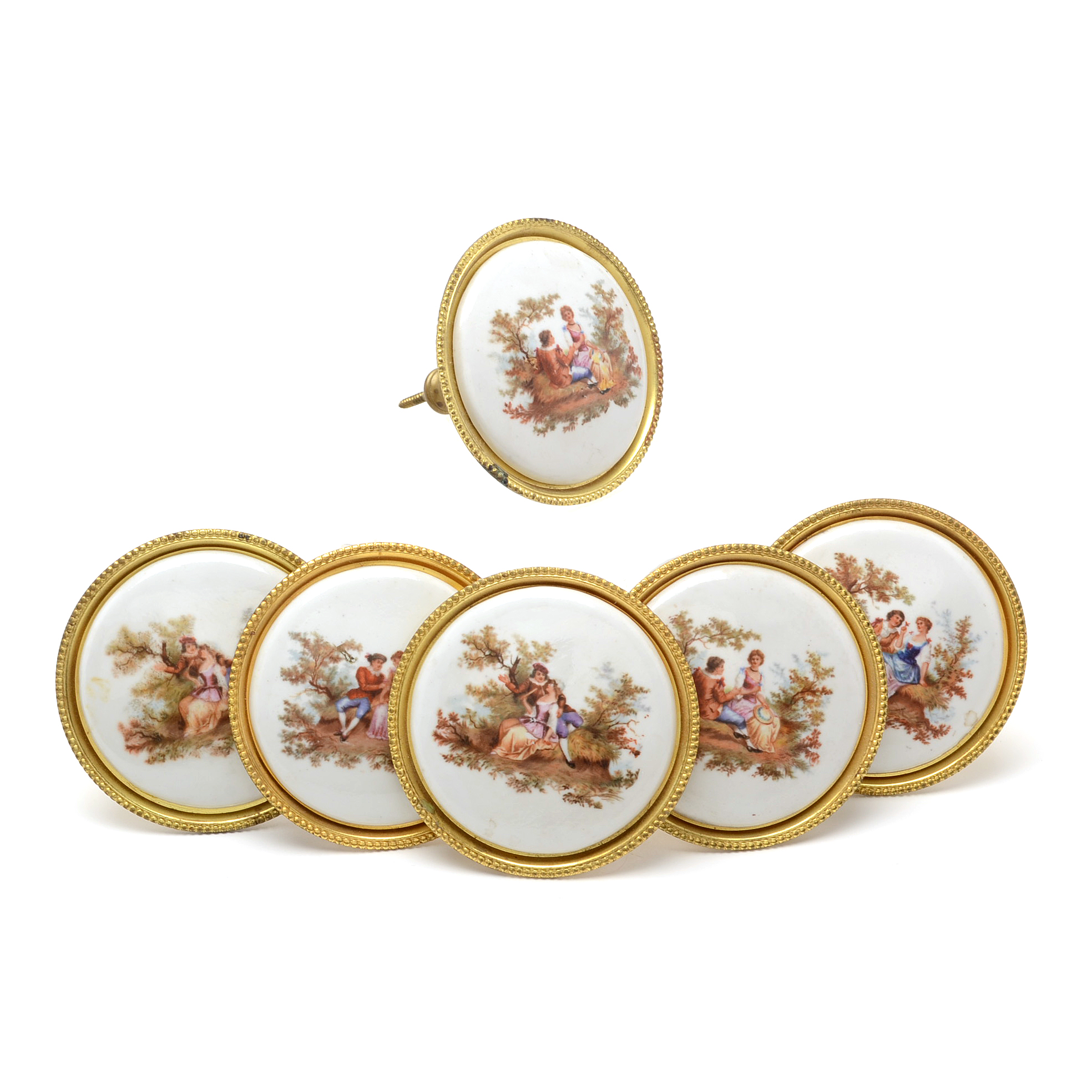 Vintage Enameled Curtain Tie-Back Pins with Watteau Style Courtship Scenes