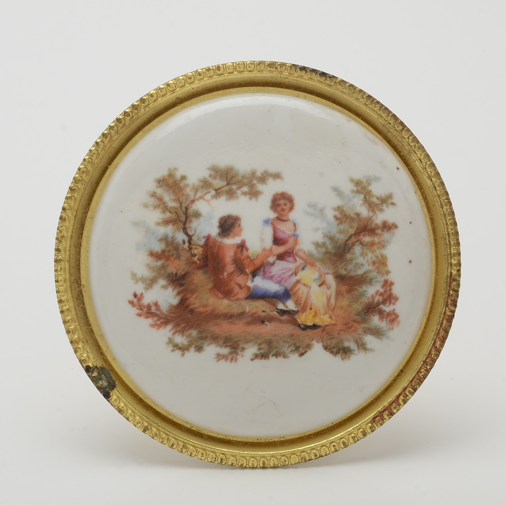Vintage Enameled Curtain Tie-Back Pins with Watteau Style Courtship Scenes