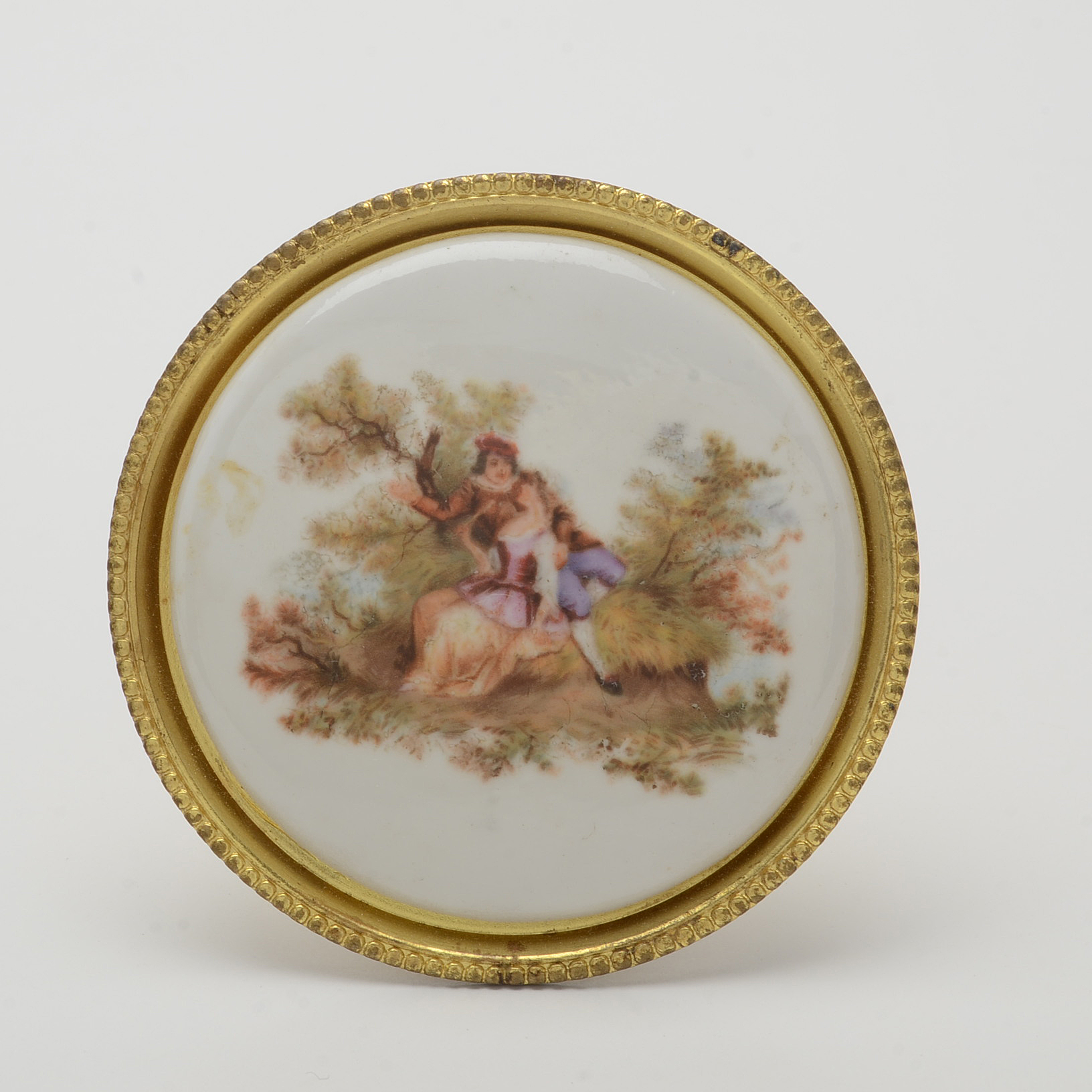 Vintage Enameled Curtain Tie-Back Pins with Watteau Style Courtship Scenes