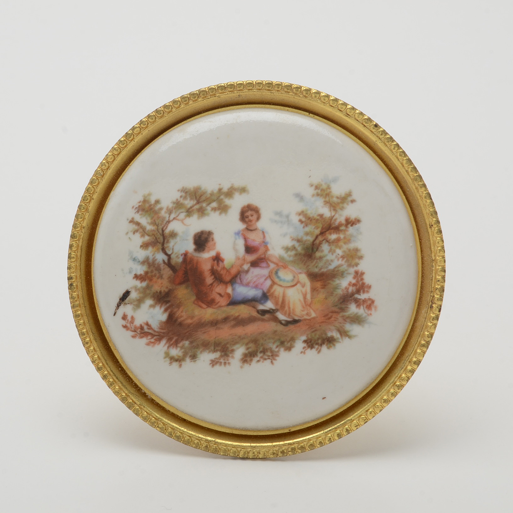 Vintage Enameled Curtain Tie-Back Pins with Watteau Style Courtship Scenes