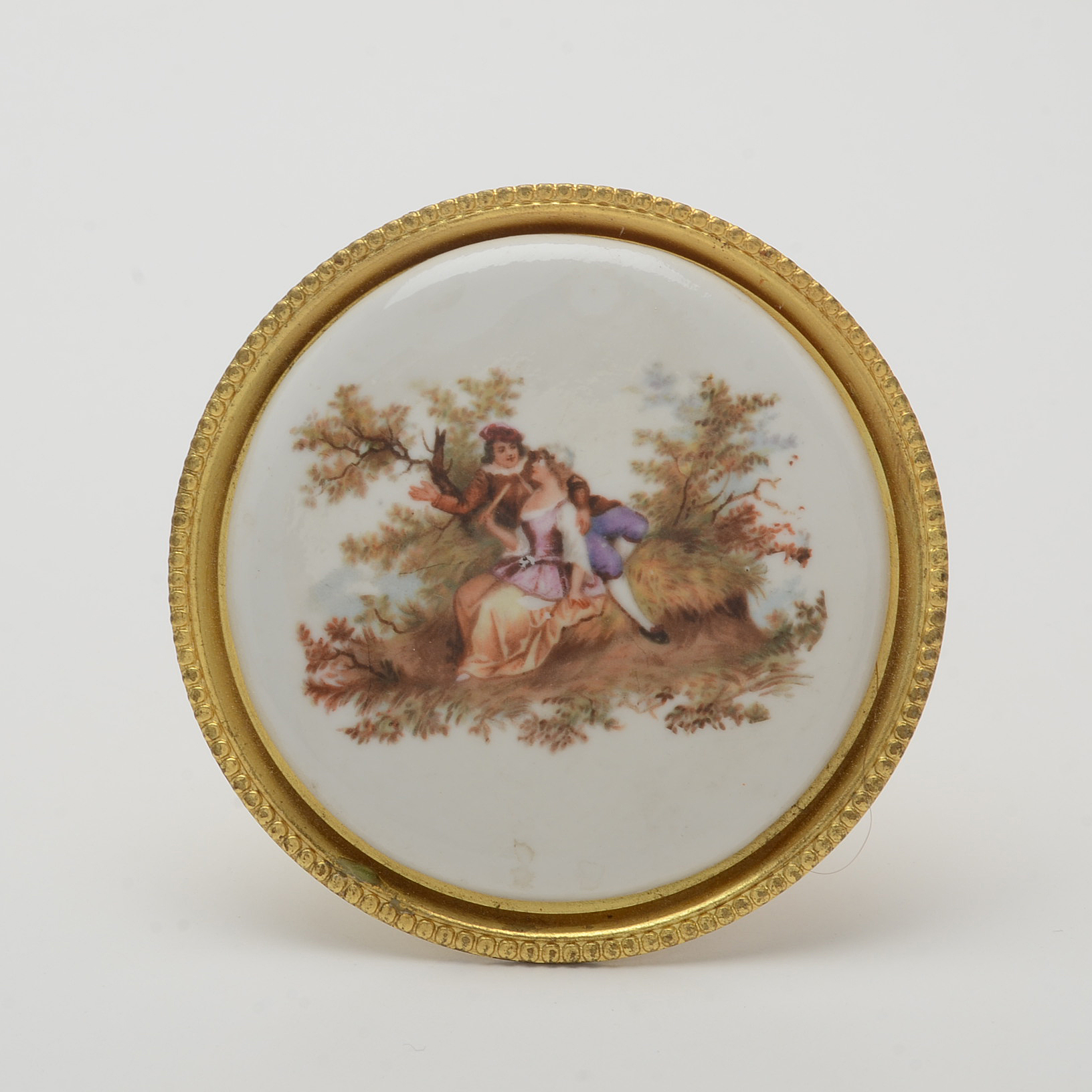Vintage Enameled Curtain Tie-Back Pins with Watteau Style Courtship Scenes