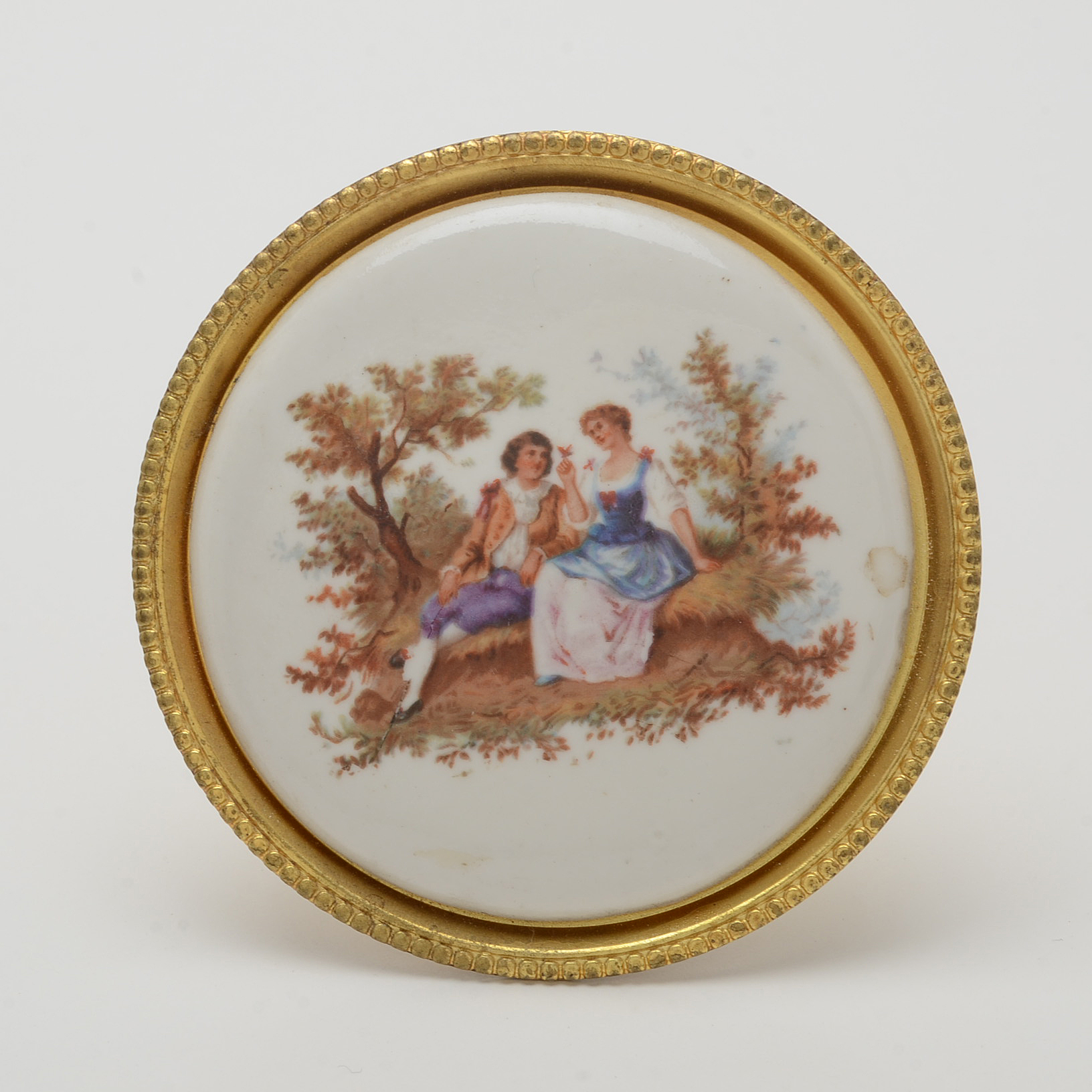 Vintage Enameled Curtain Tie-Back Pins with Watteau Style Courtship Scenes