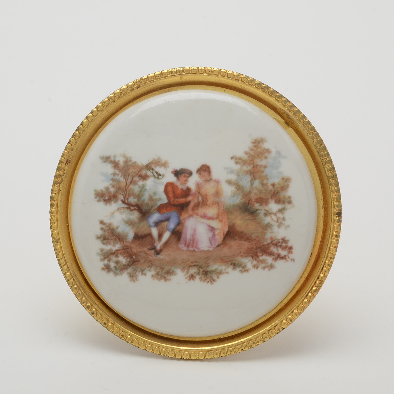 Vintage Enameled Curtain Tie-Back Pins with Watteau Style Courtship Scenes