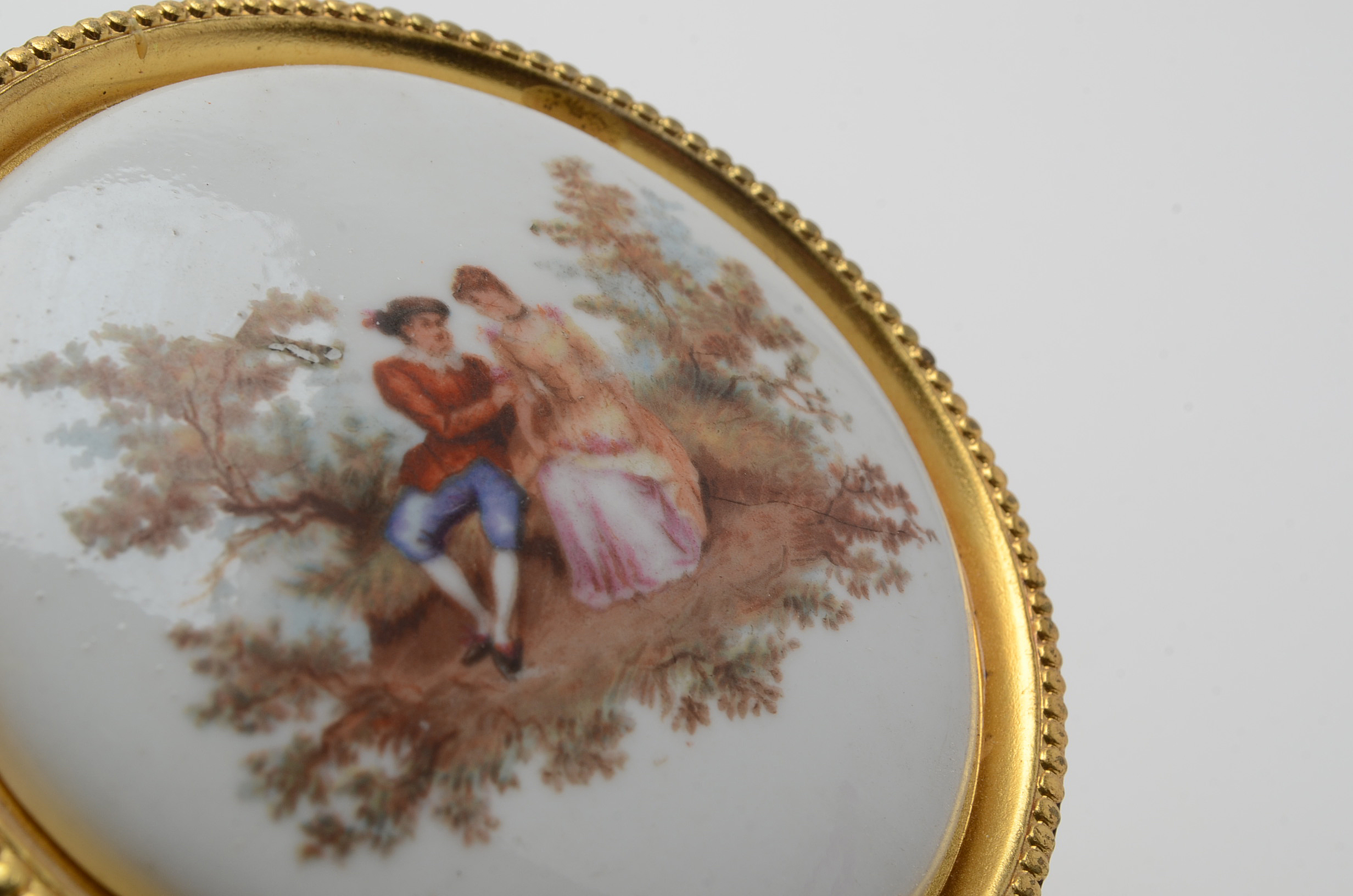 Vintage Enameled Curtain Tie-Back Pins with Watteau Style Courtship Scenes