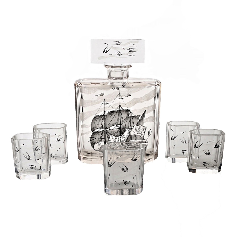 Vintage Hand Painted Glass Decanter and Glasses