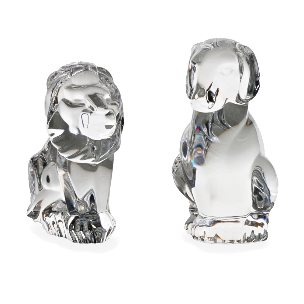 Steuben Glass Lion and Dog Figurines