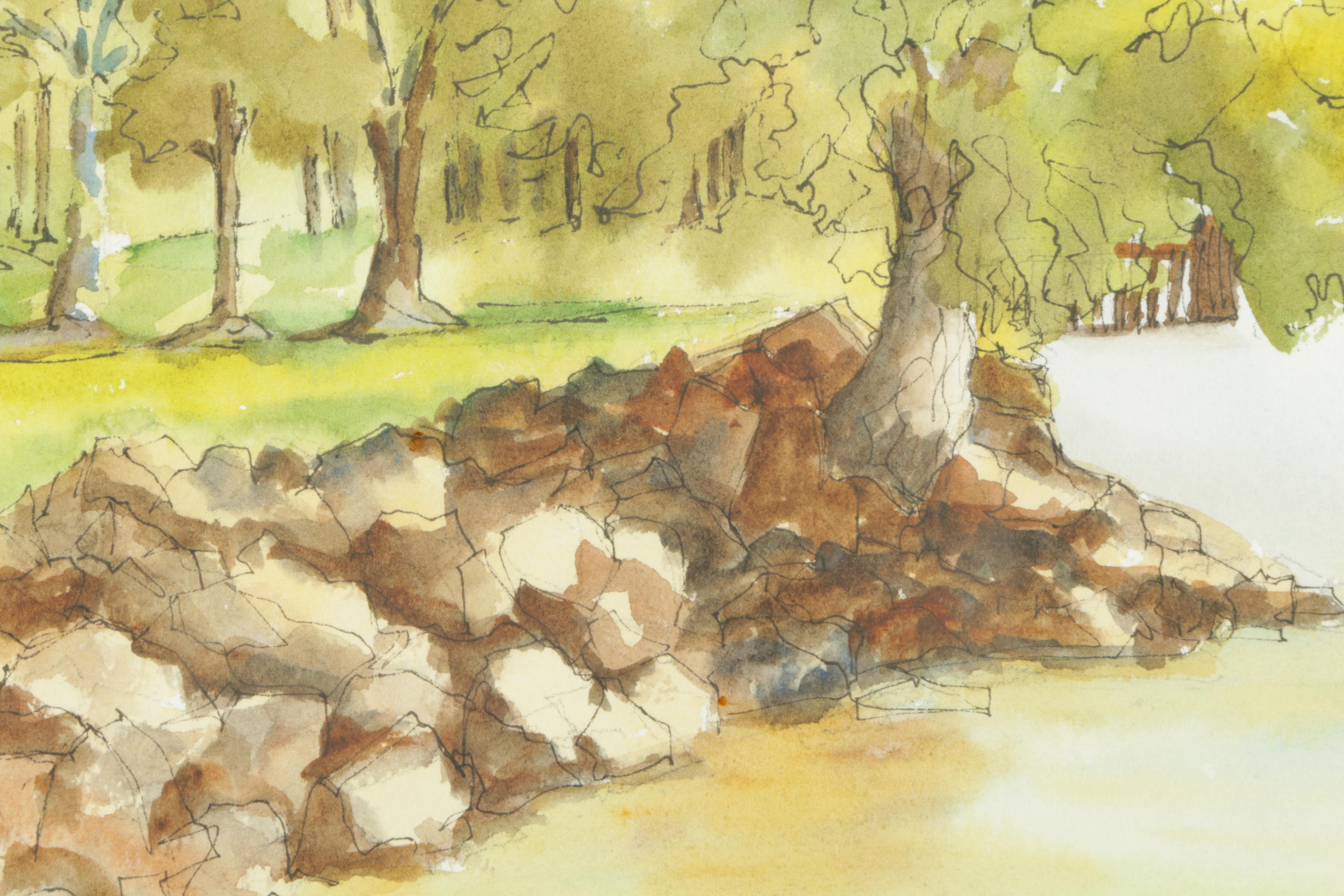 Ruth G. Thomson Watercolor and Ink Painting "Summer Morning in Founders Park"