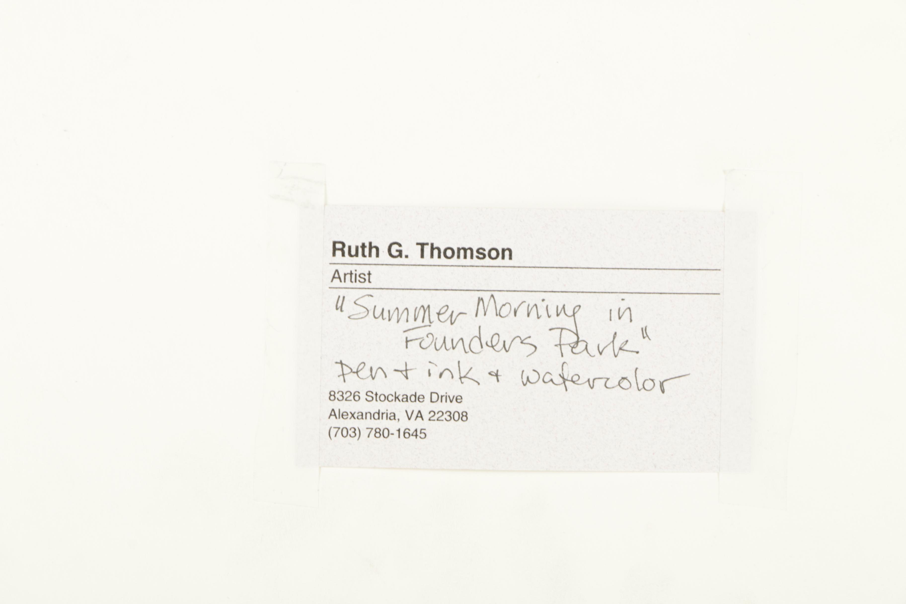 Ruth G. Thomson Watercolor and Ink Painting "Summer Morning in Founders Park"