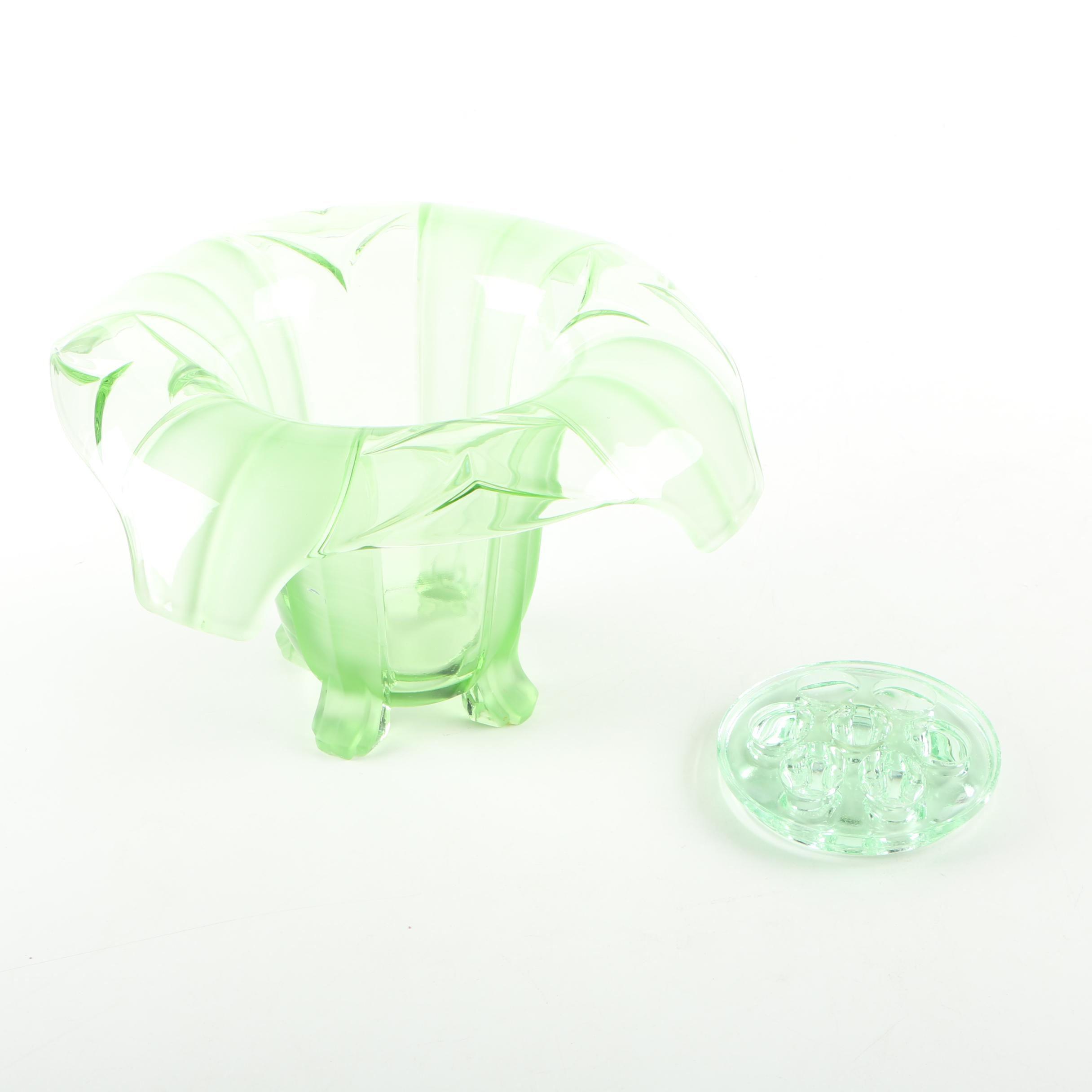 Green Depression Glass Vase and Flower Frog