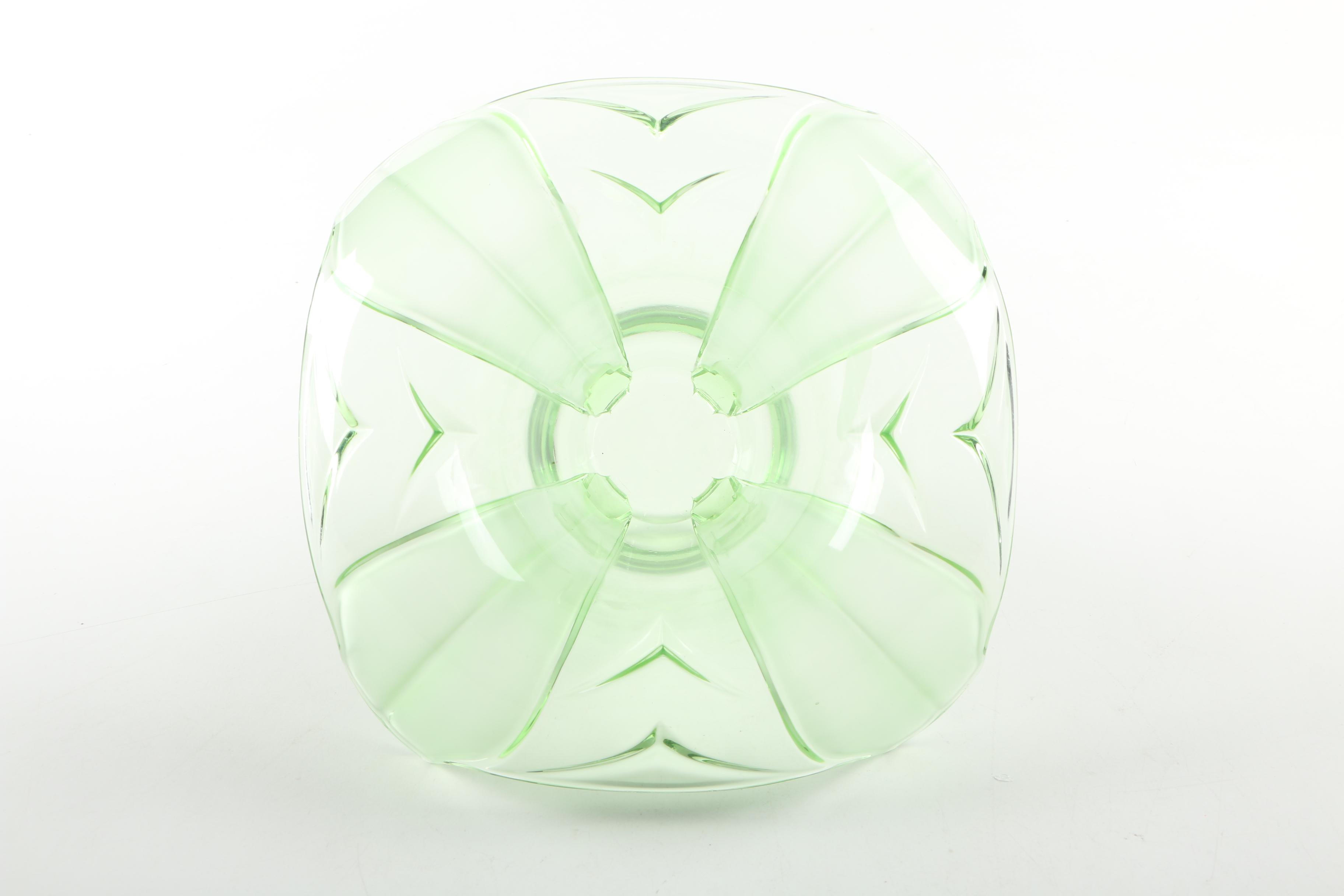 Green Depression Glass Vase and Flower Frog