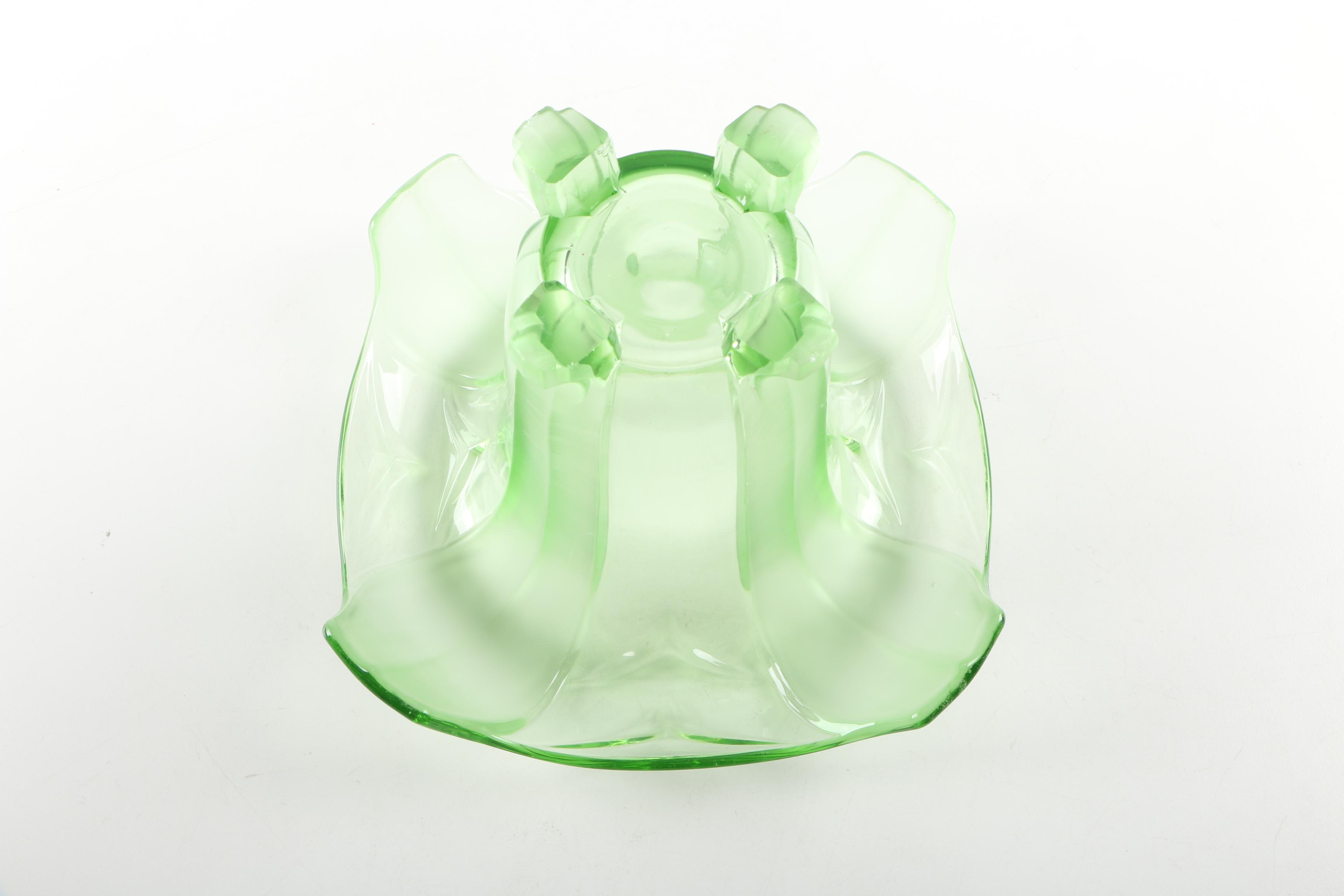 Green Depression Glass Vase and Flower Frog