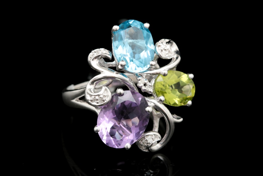 18K White Gold, Amethyst, Blue Topaz, Peridot and Diamond Cocktail Ring