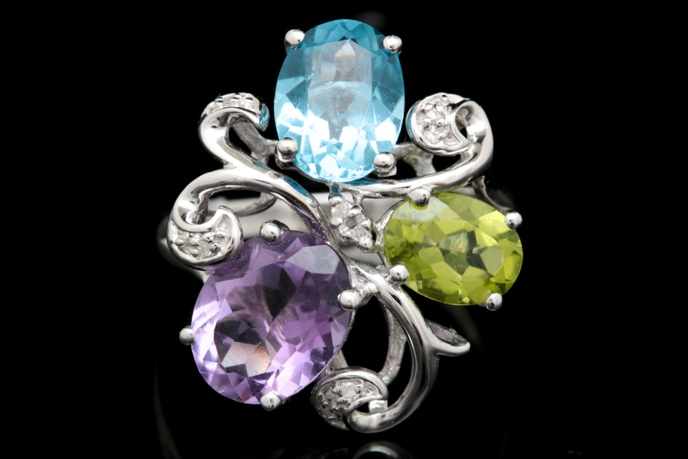 18K White Gold, Amethyst, Blue Topaz, Peridot and Diamond Cocktail Ring