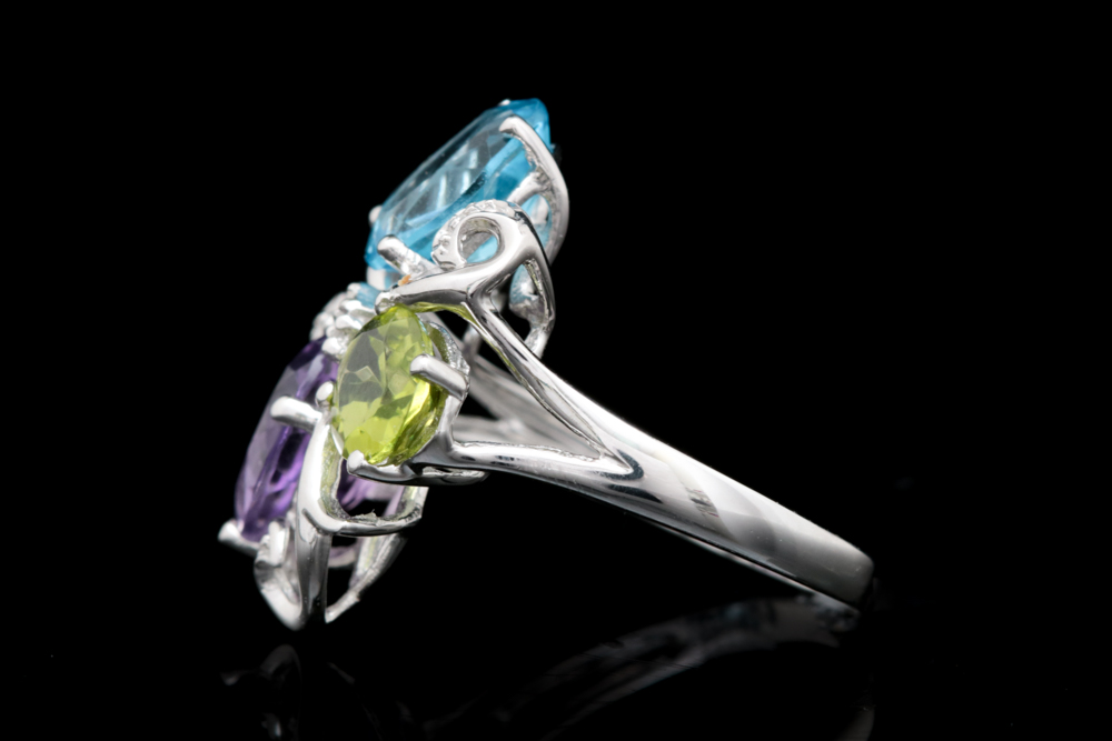 18K White Gold, Amethyst, Blue Topaz, Peridot and Diamond Cocktail Ring