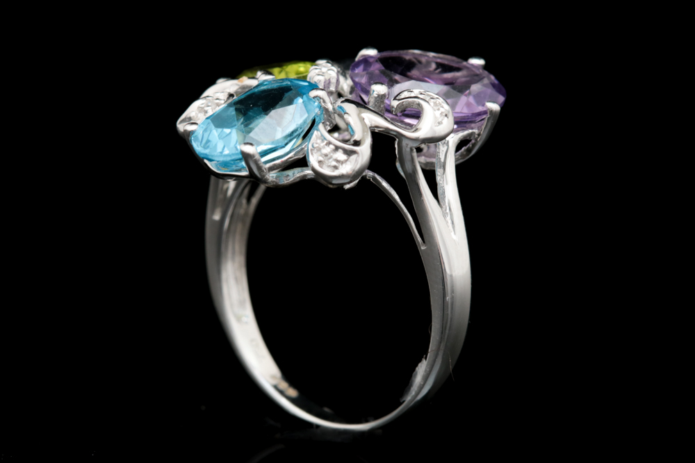 18K White Gold, Amethyst, Blue Topaz, Peridot and Diamond Cocktail Ring