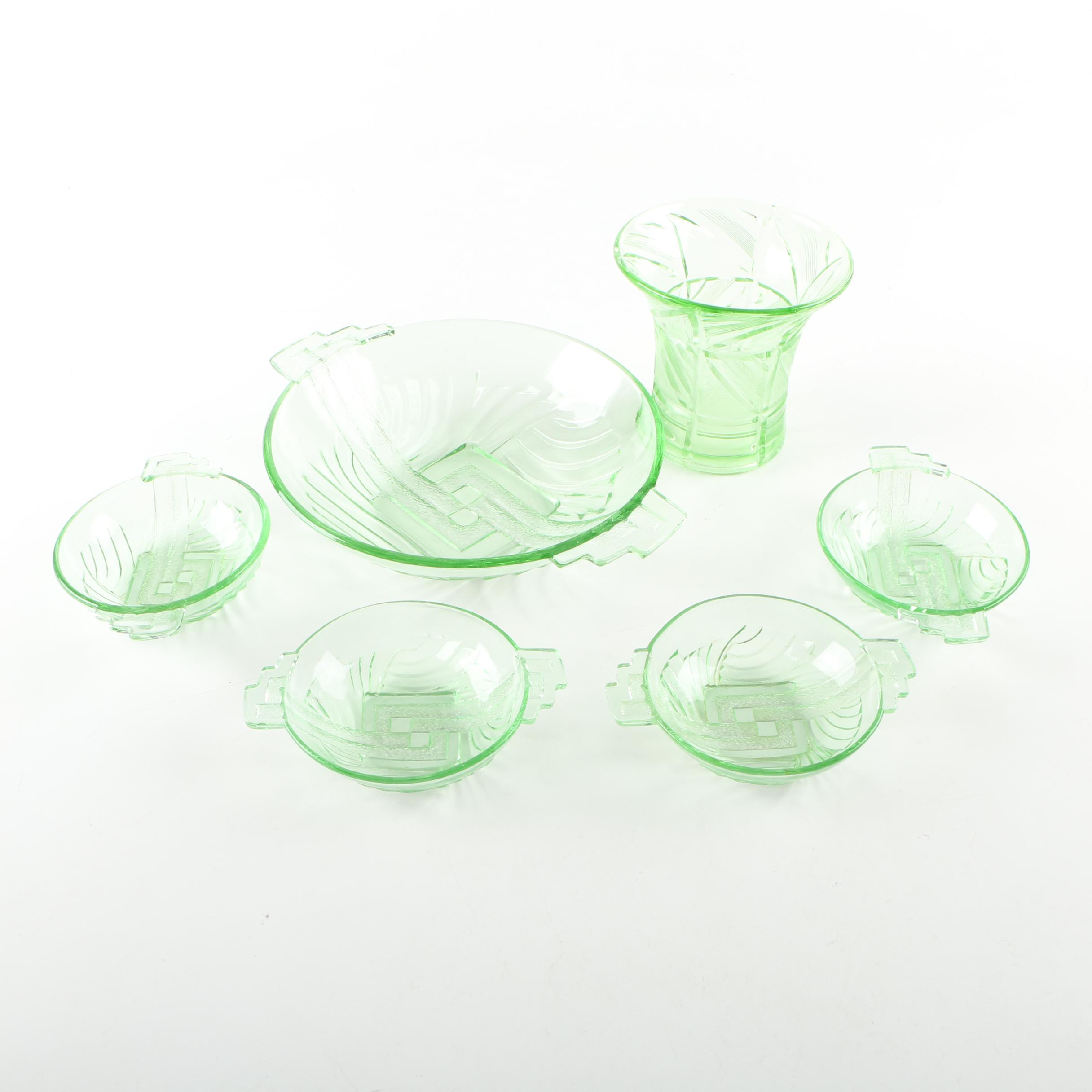 Art Deco Green Depression Glass Bowls and Vase