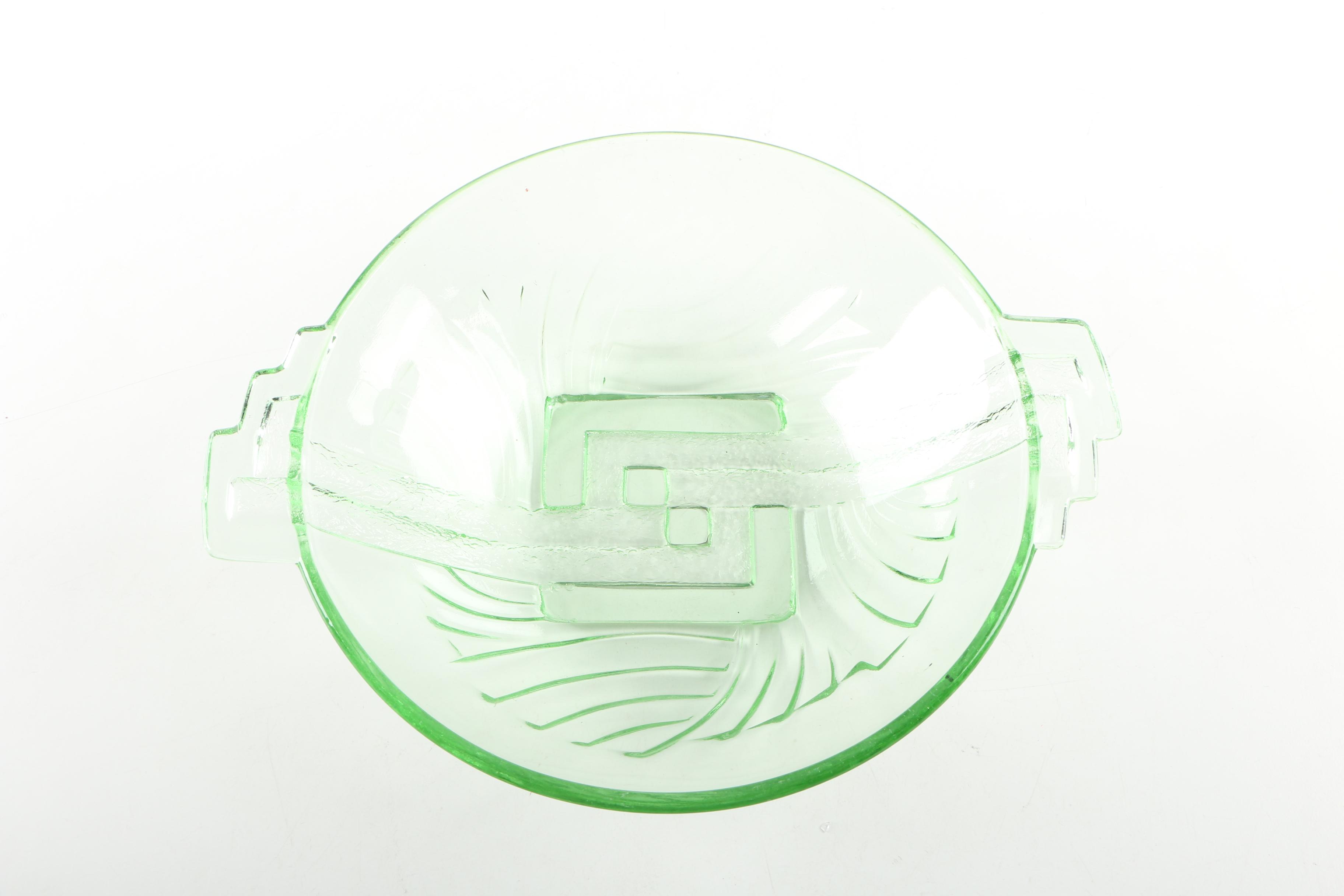 Art Deco Green Depression Glass Bowls and Vase