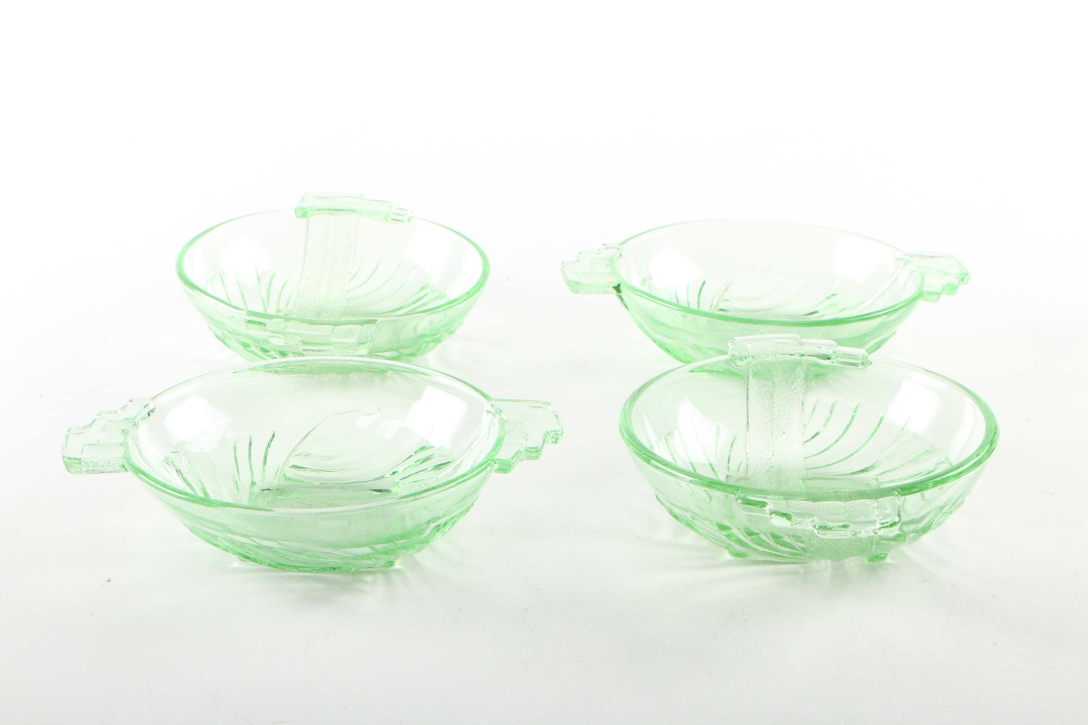 Art Deco Green Depression Glass Bowls and Vase