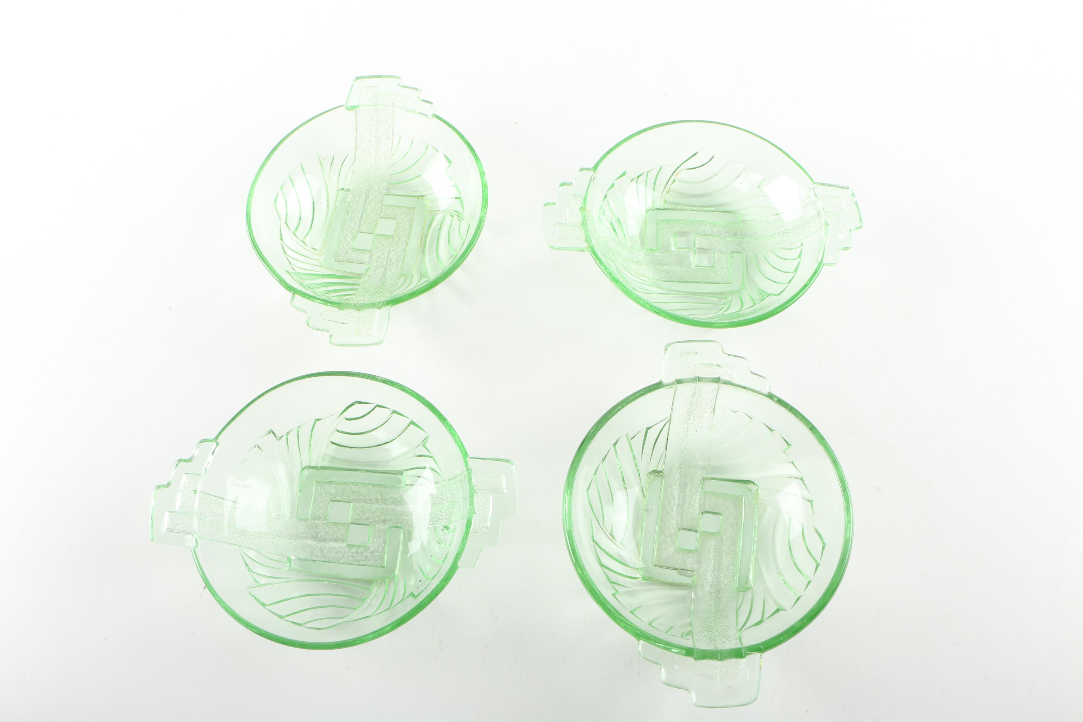 Art Deco Green Depression Glass Bowls and Vase