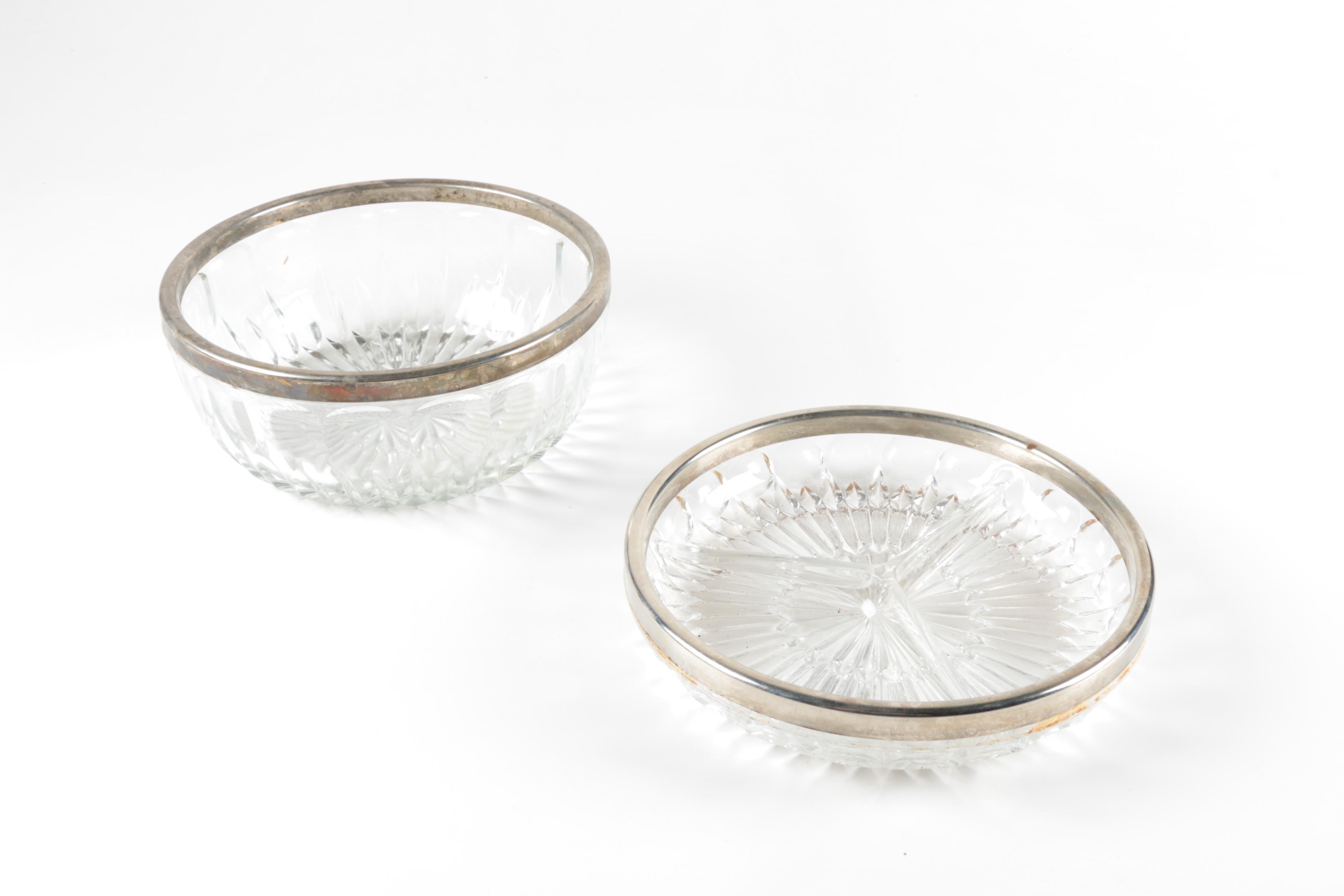 Cut Glass Serving Dishes with Silver Plate Rims