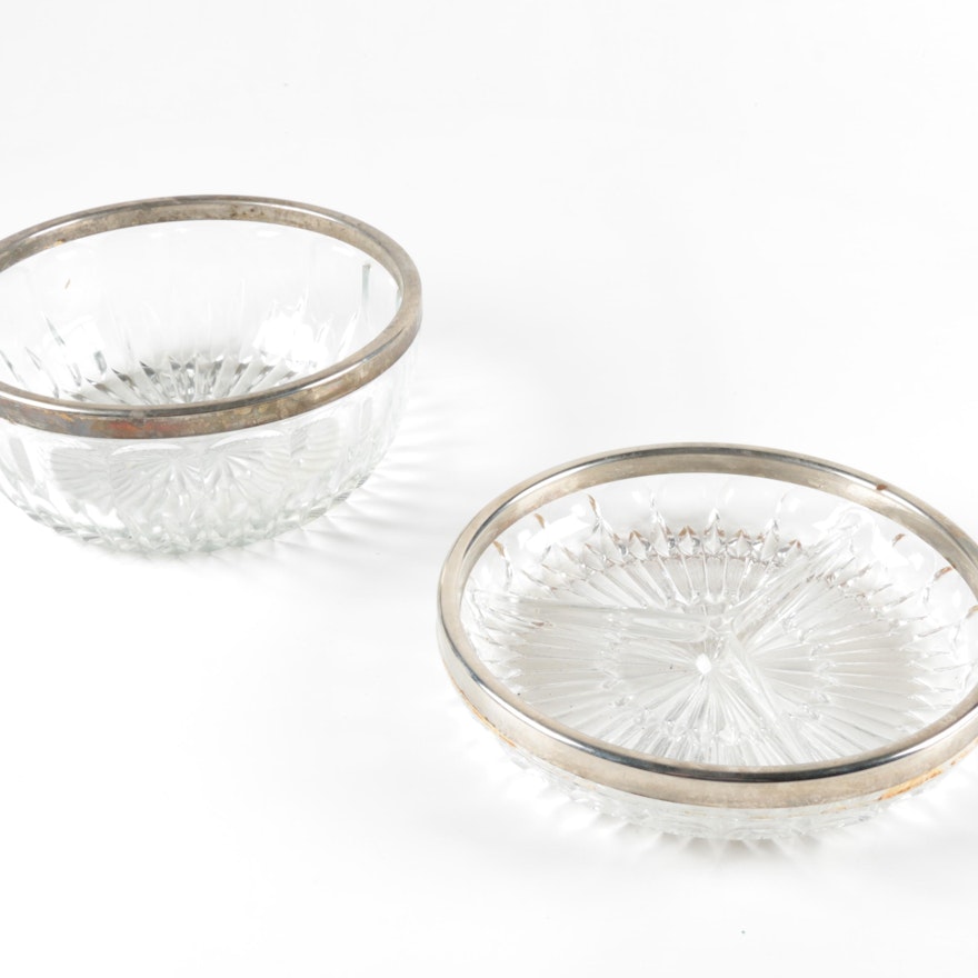 Cut Glass Serving Dishes with Silver Plate Rims