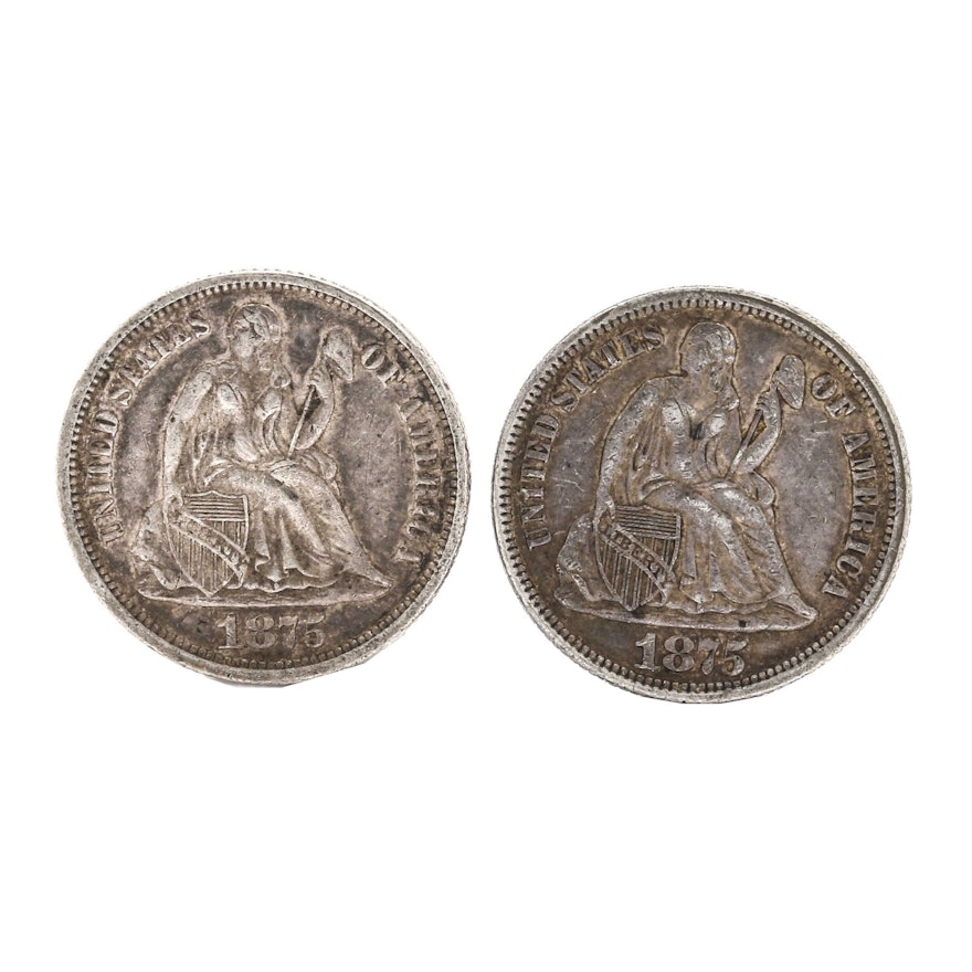 Two 1875 Liberty Seated Silver Dimes