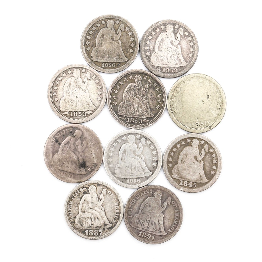 Ten Liberty Seated Silver Dimes