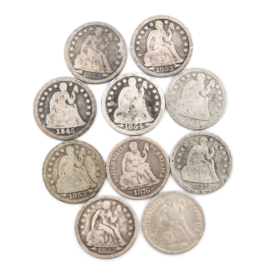 Ten Liberty Seated Silver Dimes