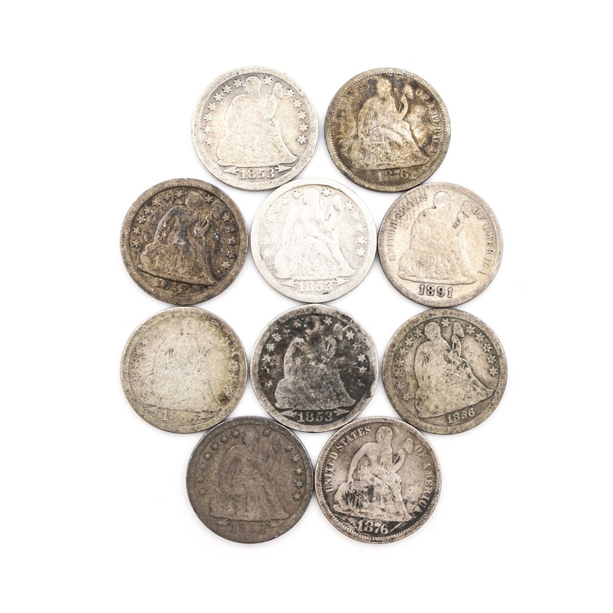 Ten Liberty Seated Silver Dimes