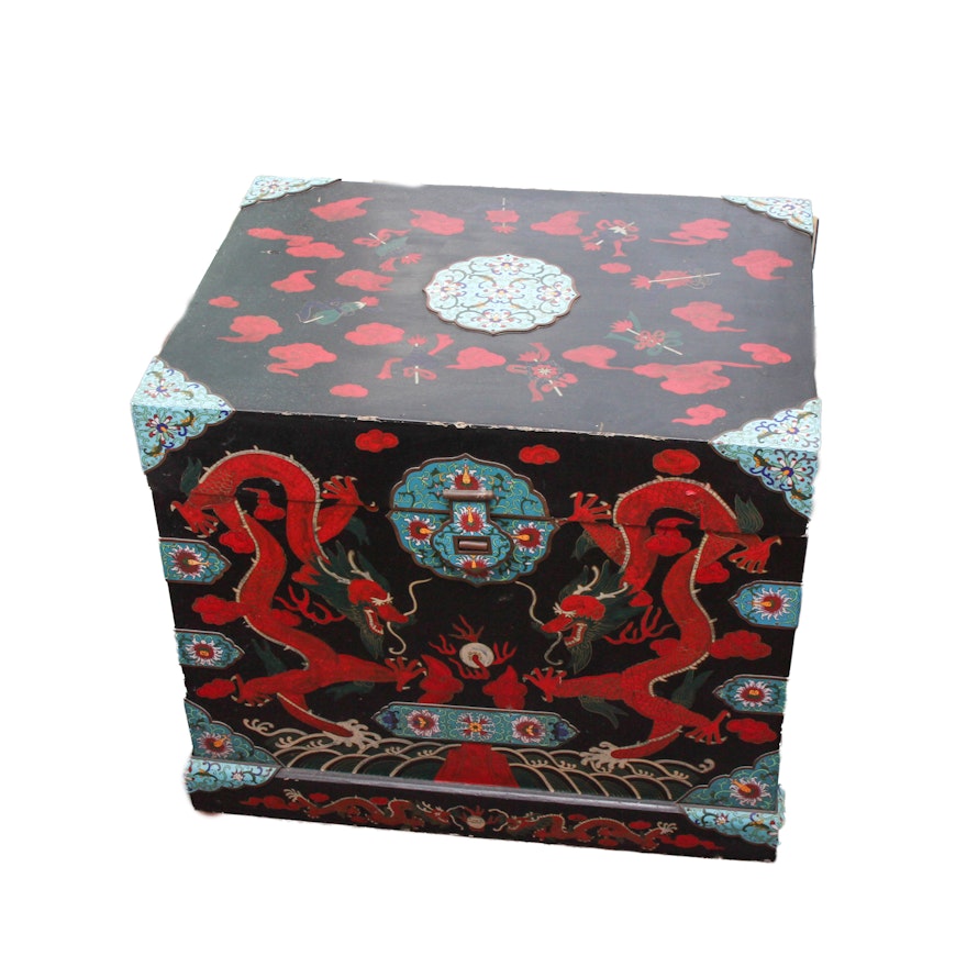 Chinese Lacquered Chest With Cloisonné Mounts