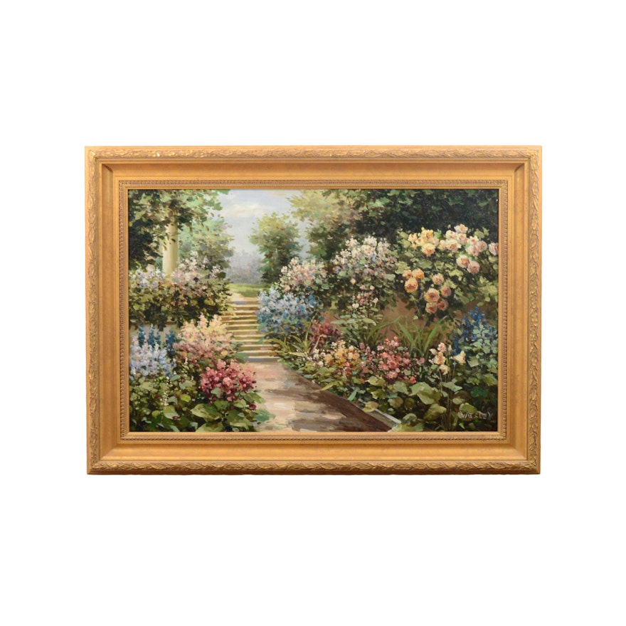 Original Oil Painting on Canvas of Garden Scene by "Wesley"