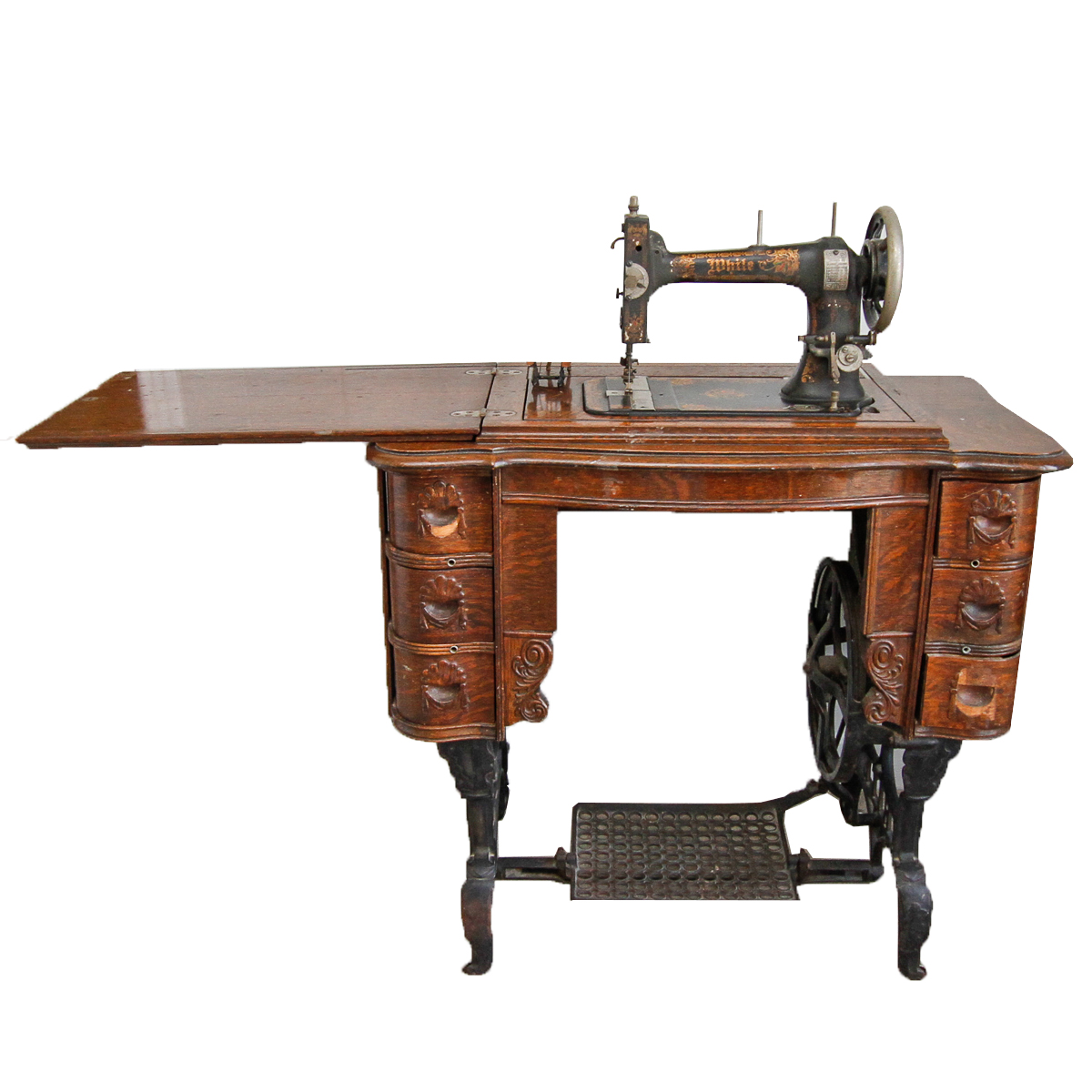 Antique Oak Sewing Table with White Sewing Machine